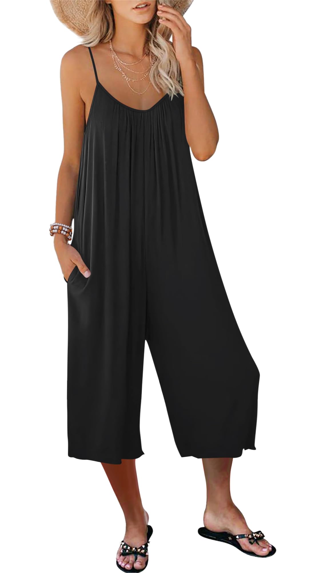 AUSELILY Mono Mujer Verano sin Mangas Jumpsuit Mujer Cuello en V Monos Pantalón Peto Suelto Playa Fiesta Vacaciones con Bolsillos