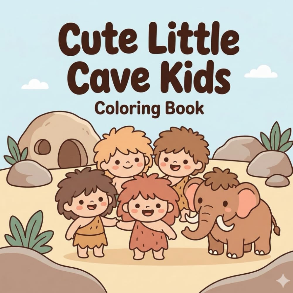 Cute Little Cave Kids Coloring Book: Adorable Kawaii Prehistoric Scenes with Friendly Cave Kids, Animal Friends, and Cozy Stone Age Fun (3-8)