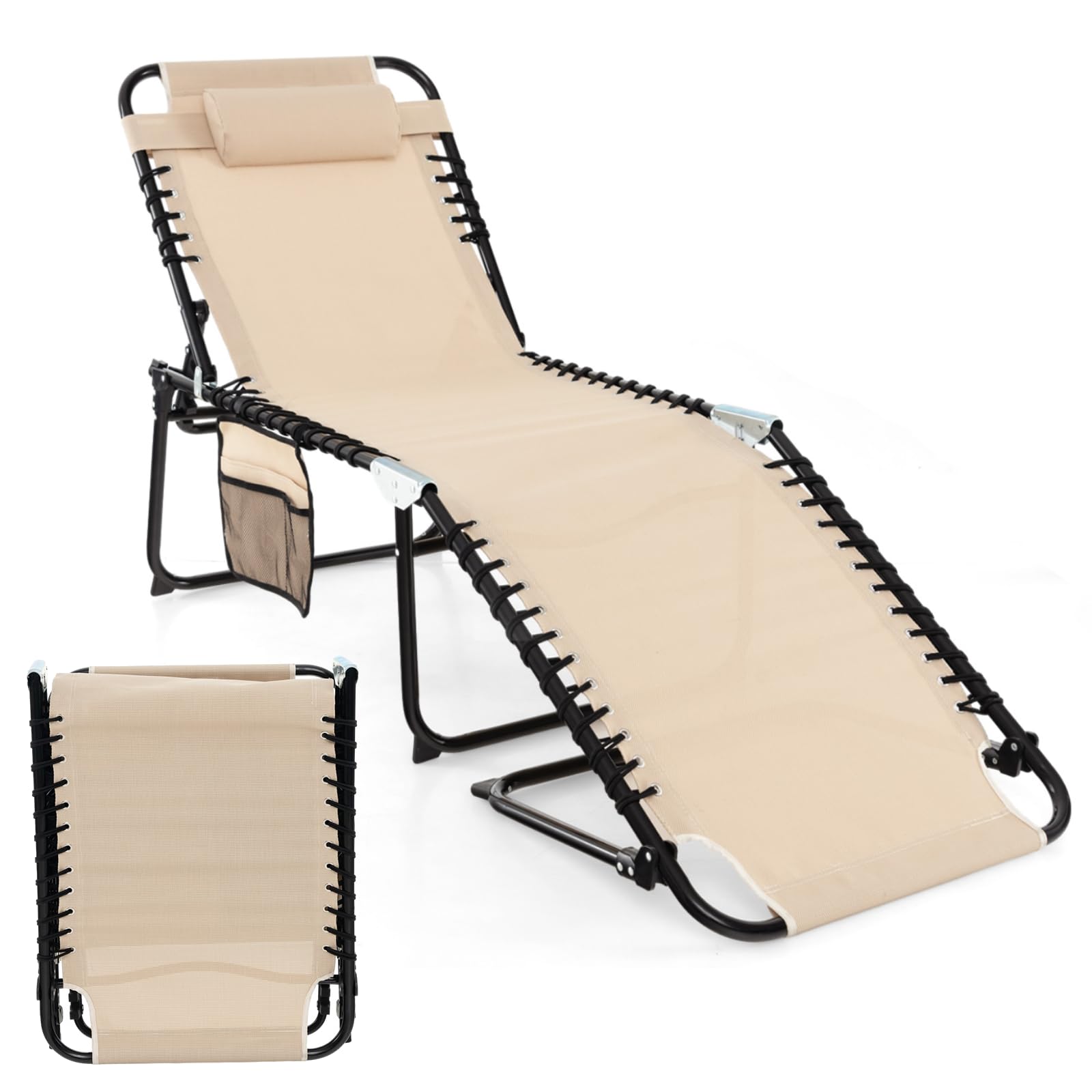 Multigot Folding Sun Lounger, 4-Level Adjustable Patio Chaise Lounger with Removable Headrest and Side Pocket, Outdoor Leisure Sun Bed Portable Deck Chair for Poolside Backyard (Beige, 168x59x86cm)