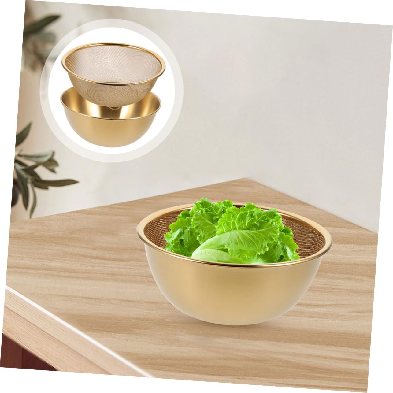 Mikikit Set da 1 Cesta Scolapasta in Acciaio Inossidabile Rete Fine e Ciotola Dorata per Lavare Frutta e Verdura, Resistente e Non Deformabile, per Cucina