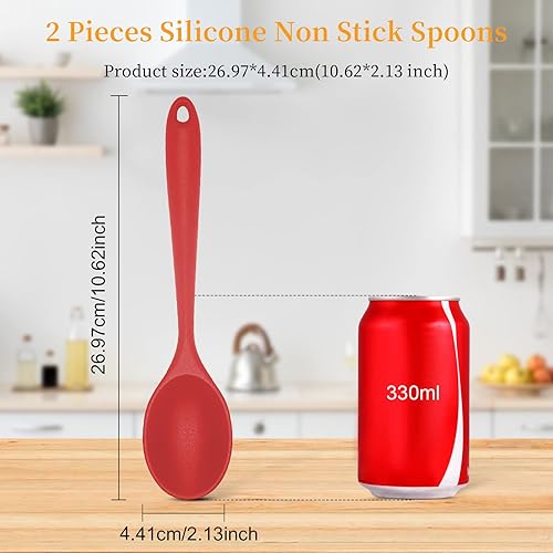 Miniatura 2 de 2 piezas de cucharas de silicona antiadherentes para mezclar, cucharas de silicona de 10.6 pulgadas para cocinar resistentes al calor, utensilio de