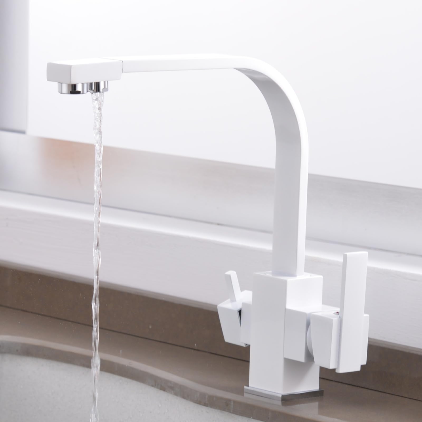 Grifo de cocina blanco de 3 vías para agua potable, giratorio de 360°, sistema de ósmosis de doble palanca, compatible con fregadero de cocina, fácil instalación