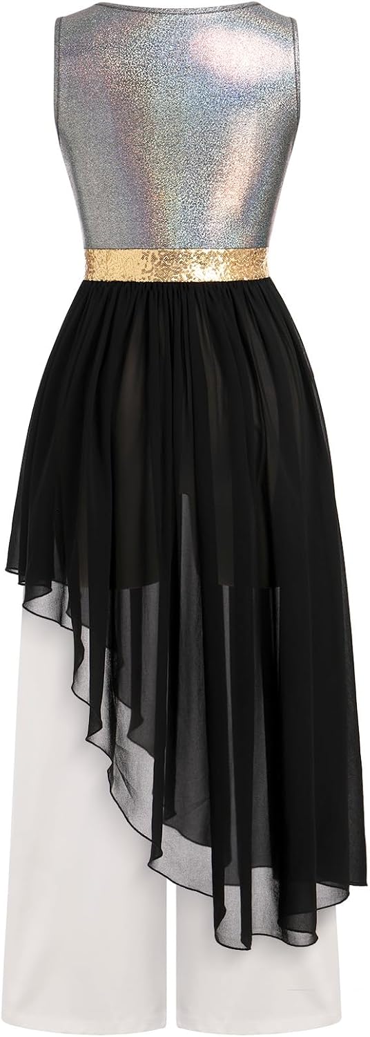 AFAVOM Praise Dance Dresses for Women Metallic Asymmetric Overlay Dress + Pants Worship Liturgical Dancewear Lyrical Costume - Image 4