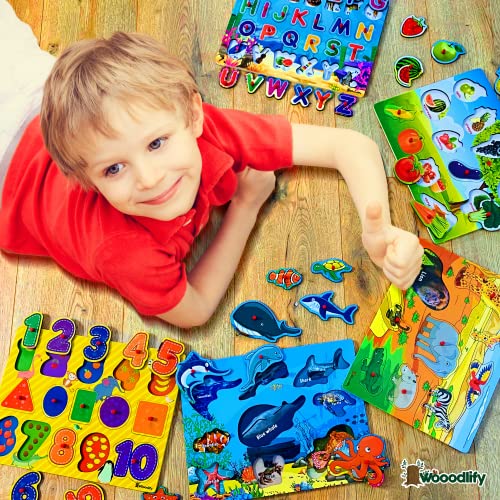 Wooden Puzzles For Toddlers 1-3 With Rack - 6 Pack Wooden Peg Puzzles And Storage Holder - Educational Learning Puzzles For Kids Ages 2-4 Boys And Girls - Alphabet Number Animal Vehicle Fruit Shape #TOP5