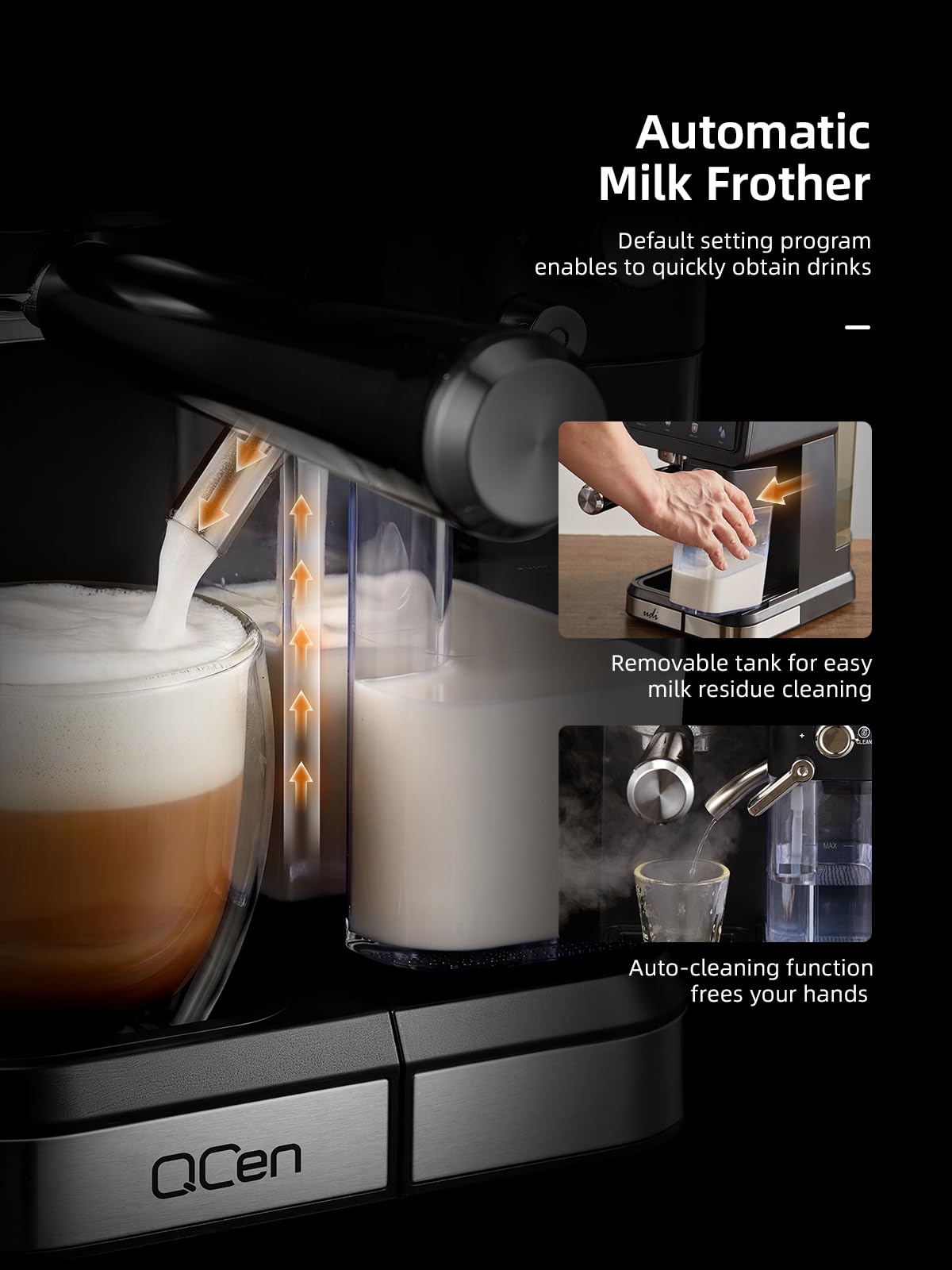 QCen Siebträgermaschine 20 Bar, 9-in-1 Espressomaschine mit Milchtank | 20 Bar Siebträgermaschine aus Edelstahl mit abnehmbarem Milchtank. 9 Automatikprogramme für Espresso, Cappuccino und Latte.