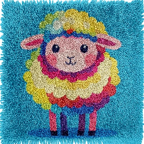 Image of Generic Little Cute Colorful Sheep Latch Hook Kits Mini Rug DIY Handmade Crochet Yarn Needlework Hook and Latch Kit Printed Canvas Carpet Cushion Cover Home Christmas Decoration 30x30cm