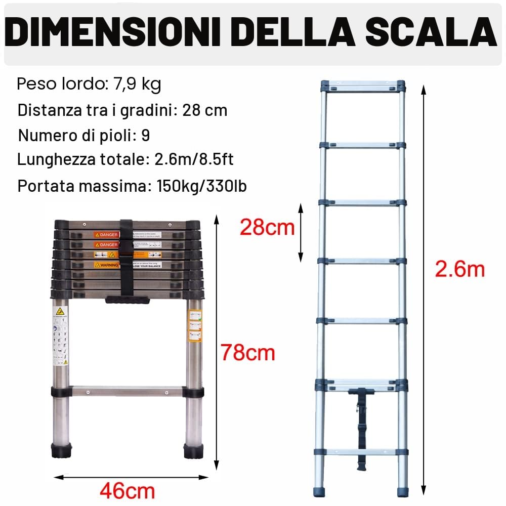 Scala telescopica in acciaio inox Rigogo, da 2,6 m, antiscivolo, da appoggio, con 9 pioli, estensibile, portatile per interni ed esterni, portata 150 kg