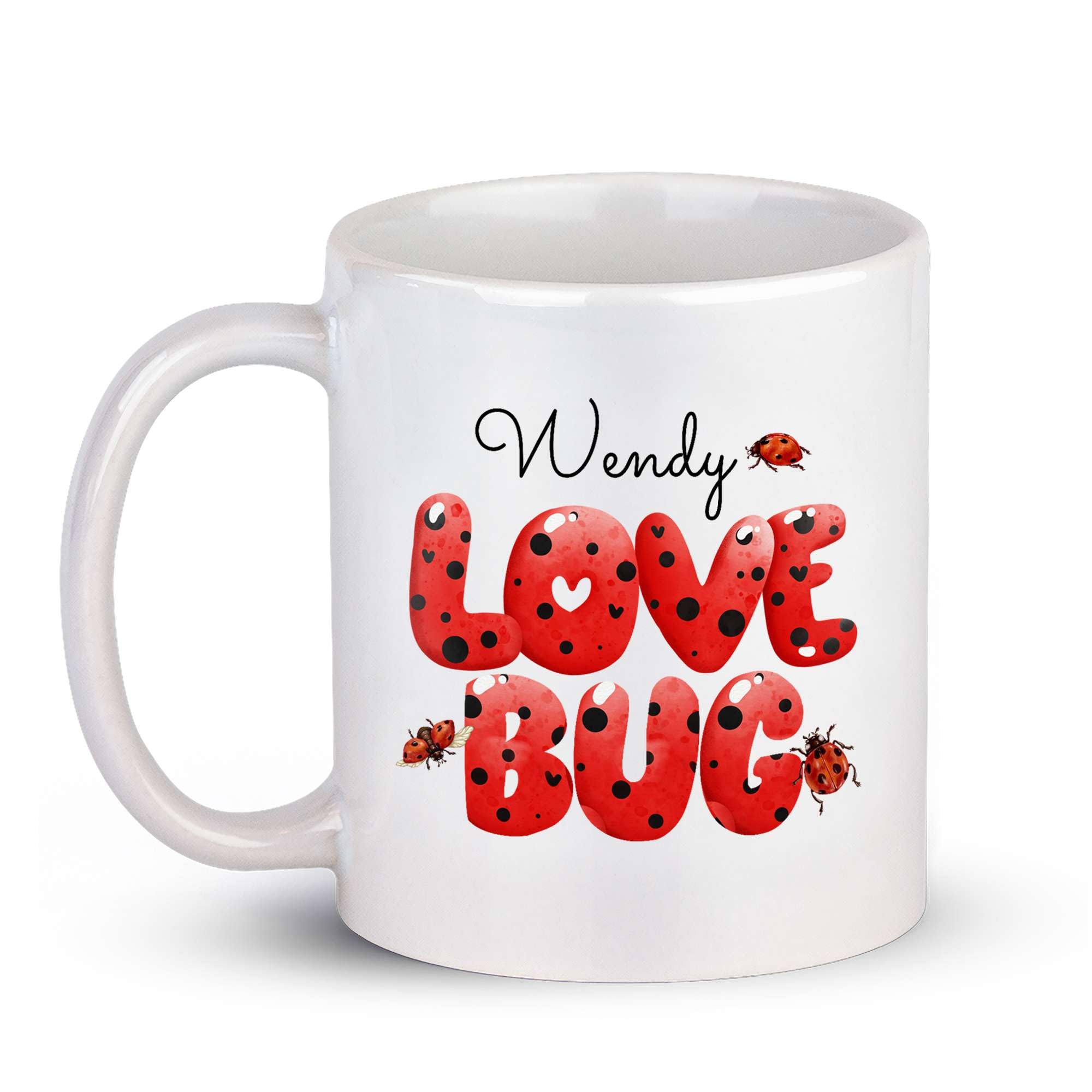 Personalized Insect White Tea Mug With Unique Ladybug Alphabet Design, Customized Ladybug Animal Porcelain Cup With Name, Awesome Custom Ladybug