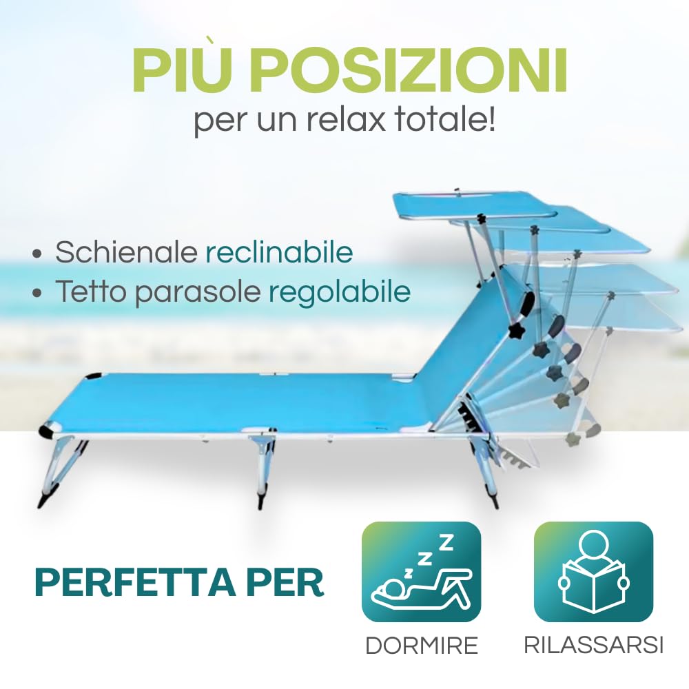 PALUPLUS Lettino Prendisole Pieghevole in ALLUMINIO con Tetto Parasole, Misura 190x60x80 cm, Tessuto Textilene impermeabile, tubolare 25mm per Spiaggia Piscina, Peso Max 120kg -489F-5,4 (Azzurro)
