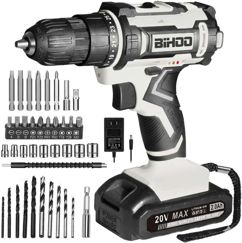 Cordless Drill Set,20V Drill Driver with Battery and Charger,3/8-Inch Keyless Chuck, Variable Speed,with Drills Bits Set,Gray