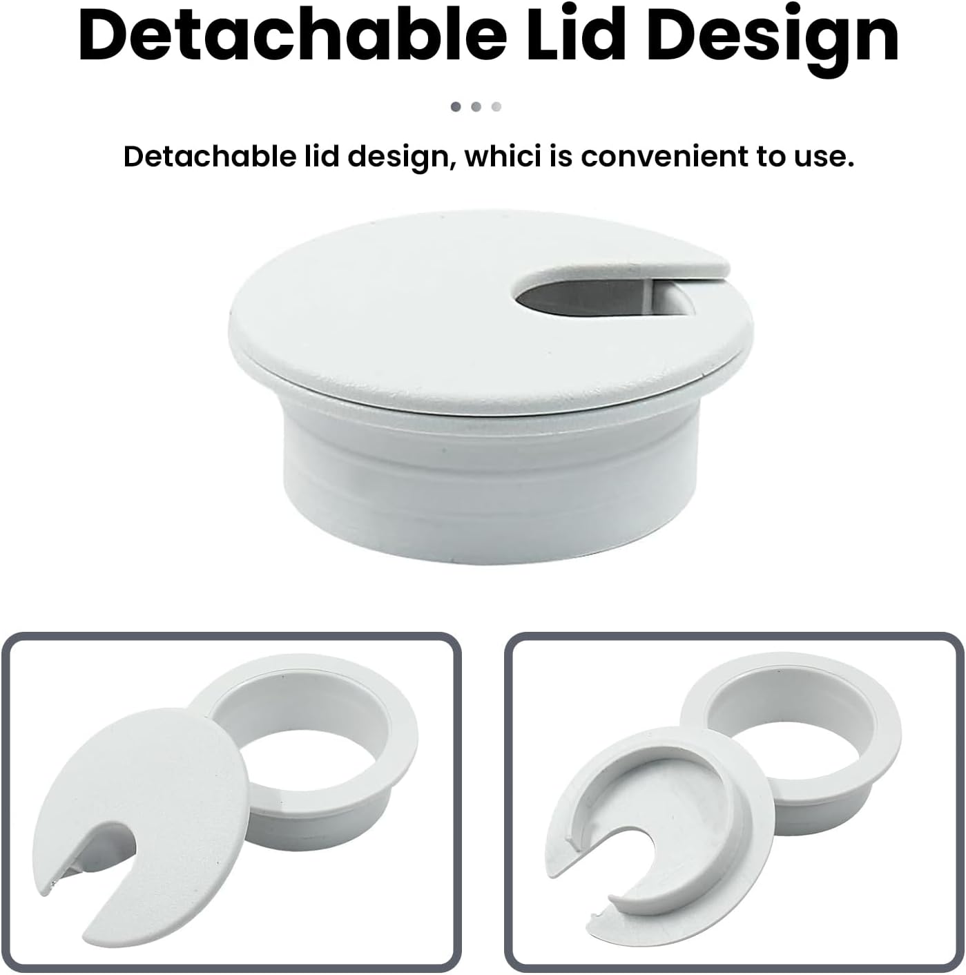 2-Pack 1.5 Inch Desk Grommet, Sturdy ABS Plastic Cable Hole Cover, Detachable Table Wire Organizer for Home & Office Desk – White image 4