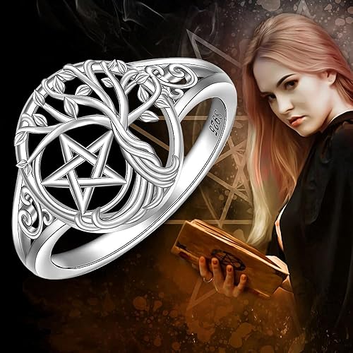 Miniatura 3 de Anillo de pentagrama para mujer, anillo de árbol de la vida de plata de ley 925, árbol genealógico Wiccan Star Witch Jewelry Regalos de cumpleaños