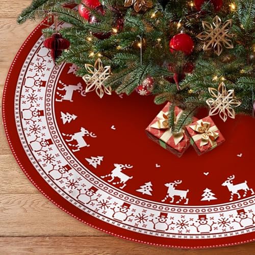 Shyllin Rojo Falda de Arbol de Navidad, Felpa Cubre Pie Arbol Navidad, Grande Tapete para Navideña, Redonda Alfombra Arbols Navideña, Falda Arbols Navideño (Reno navideño)