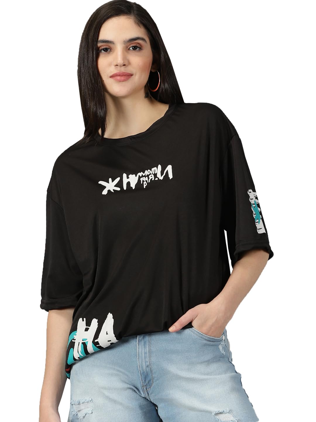 RodZenWomen's Polyester Round Neck Printed Oversized T-Shirt