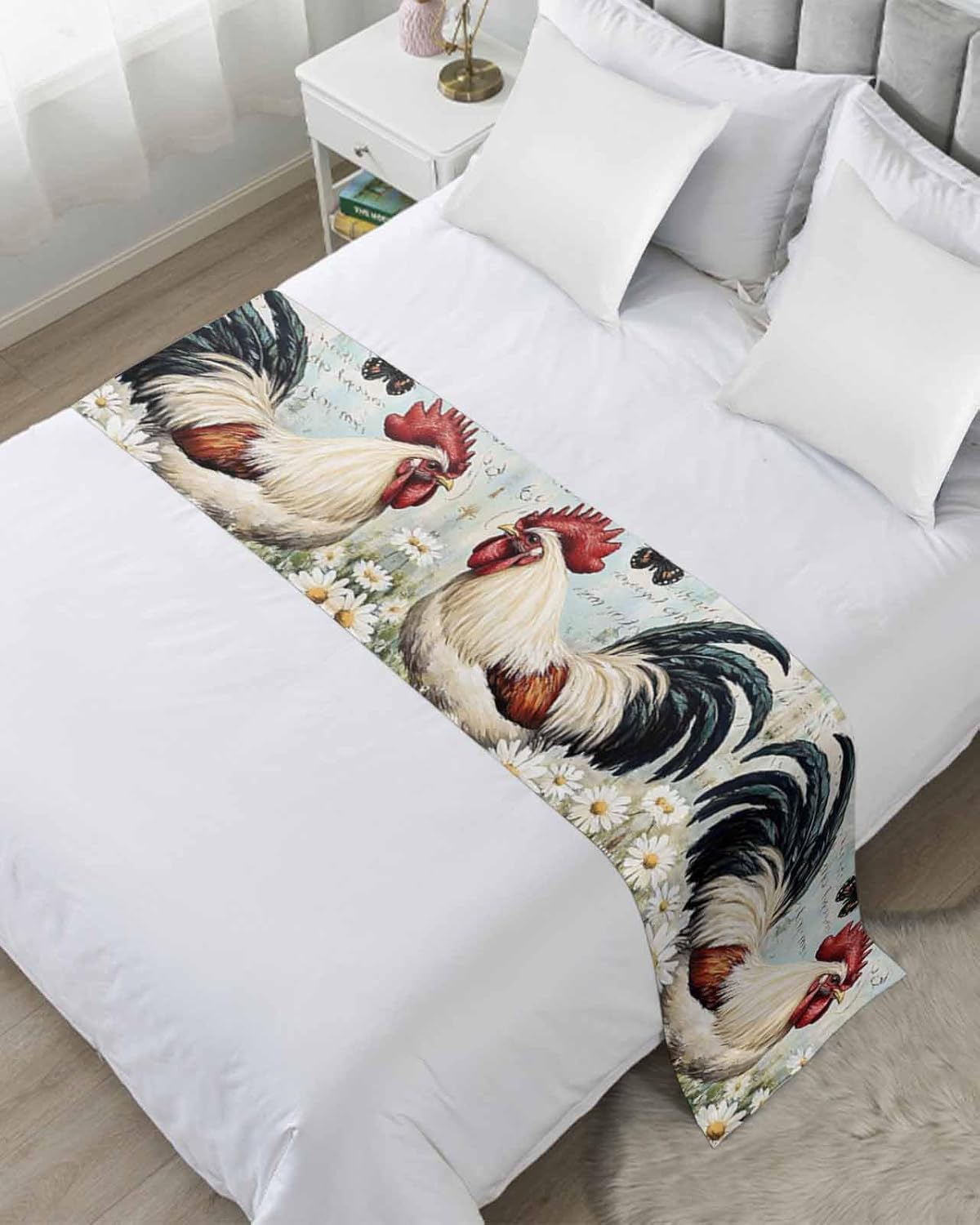 White Vintage Rooster Bed Runner for King Size, Spring Flower Pastoral Animals Bedspread Protector Slipcover Bed Scarf for Foot Runners & Scarves for Bedroom Hotel Wedding Room 102x20 Inches