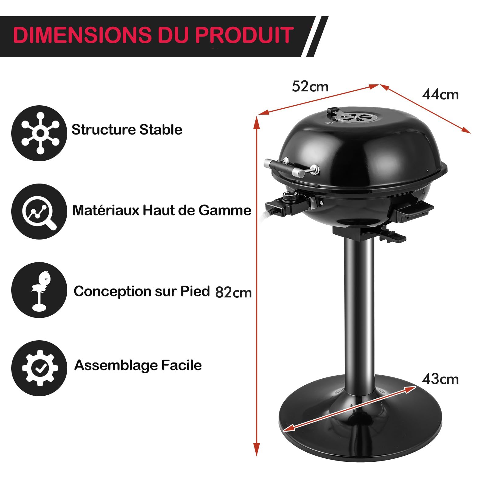 GYMAX Gril Barbecue Électrique sur Pied, Température 93-218°C, Puissance 1600W, Usage Intérieur et Extérieur, Portable avec Support pour Terrasse Balcon Cuisine Jardin