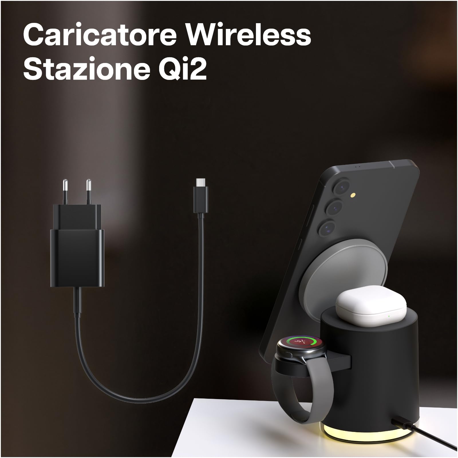 Caricatore Wireless Stazione per Samsung di MMOBIEL – 4 in 1 Supporto Magnetico di Ricarica Rapido Certificato Qi2 per Samsung Galaxy S25/S24/S23/S22, Watch 7/6/5, Buds – Incl. 25W Adattatore - Nero