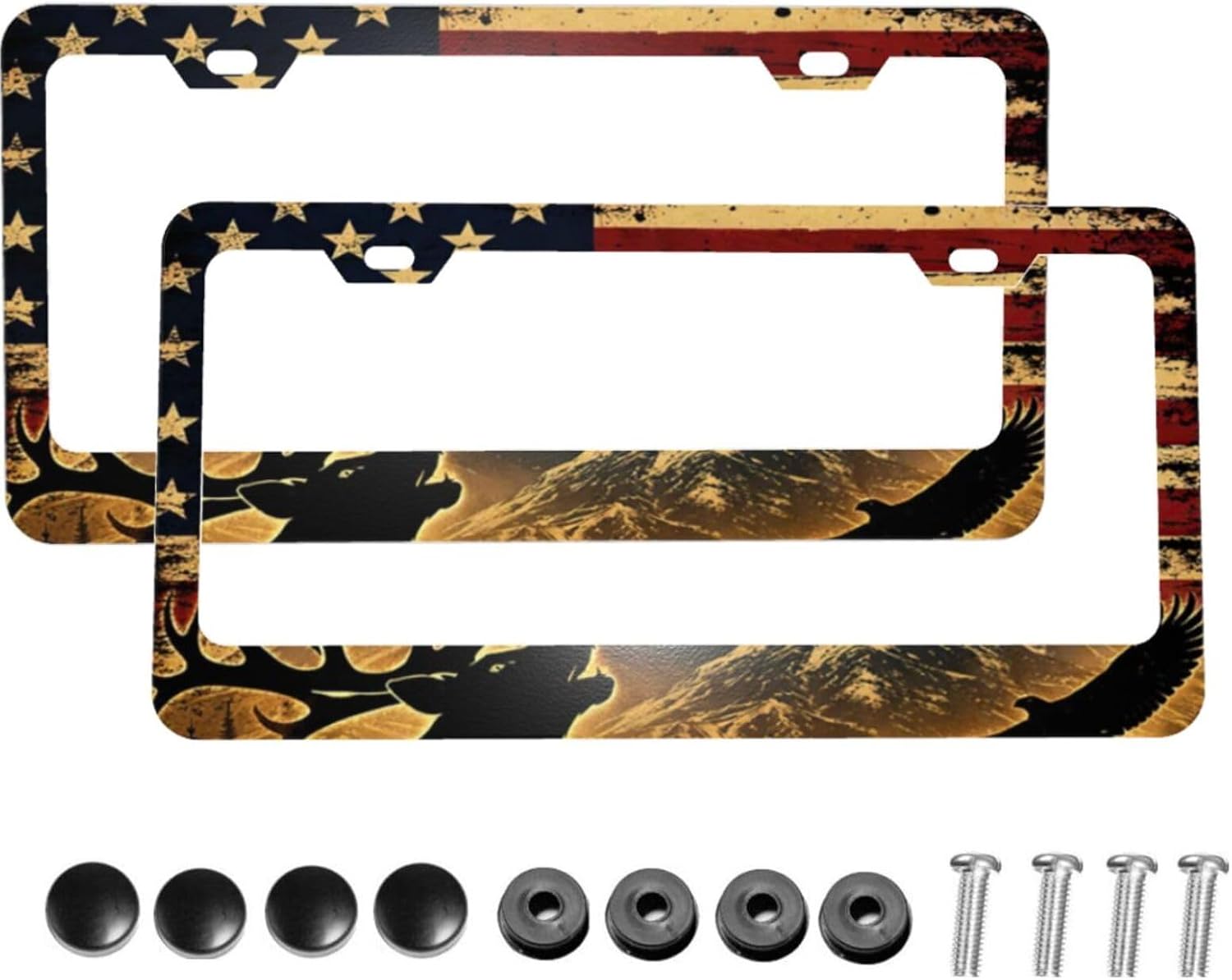 American Deer Hunting Eagle Matte Aluminum License Plate Frame with Black Screw Caps，2pcs 2 Holes Black Licenses Plates Frames,Car Licenses Plate Covers Holders for Us Vehicles/Women/Men