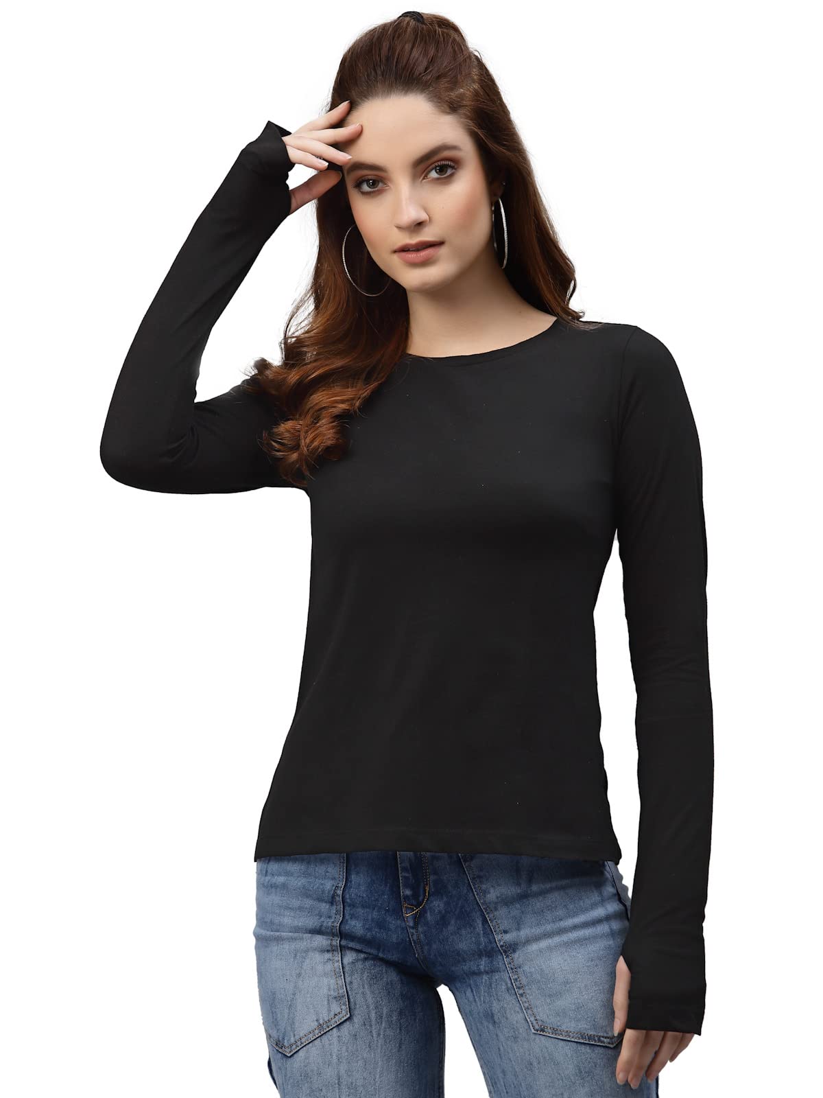 rigo Full Sleeves Solid Thumbhole Top for Women | Round Neck, Side Slits, Slim Fit Top for Women | Western Tops for Girls | Gym/Sports Wear Tees & Workout Tops-picture-57