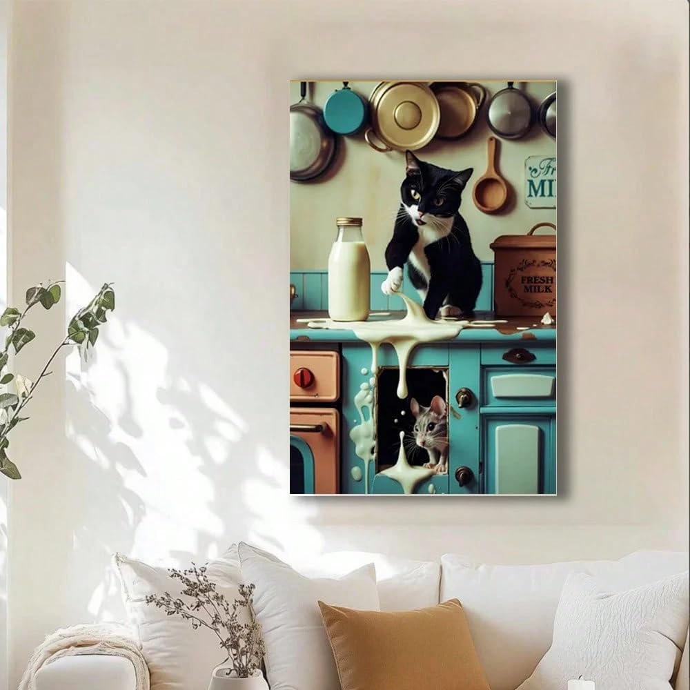 PBDTRUA Divertente quadro da parete per cucina con gatto e topo, stampa su tela con latte rovesciato e spiritosa, decorazione murale divertente per la cucina (40x50 cm/con cornice)