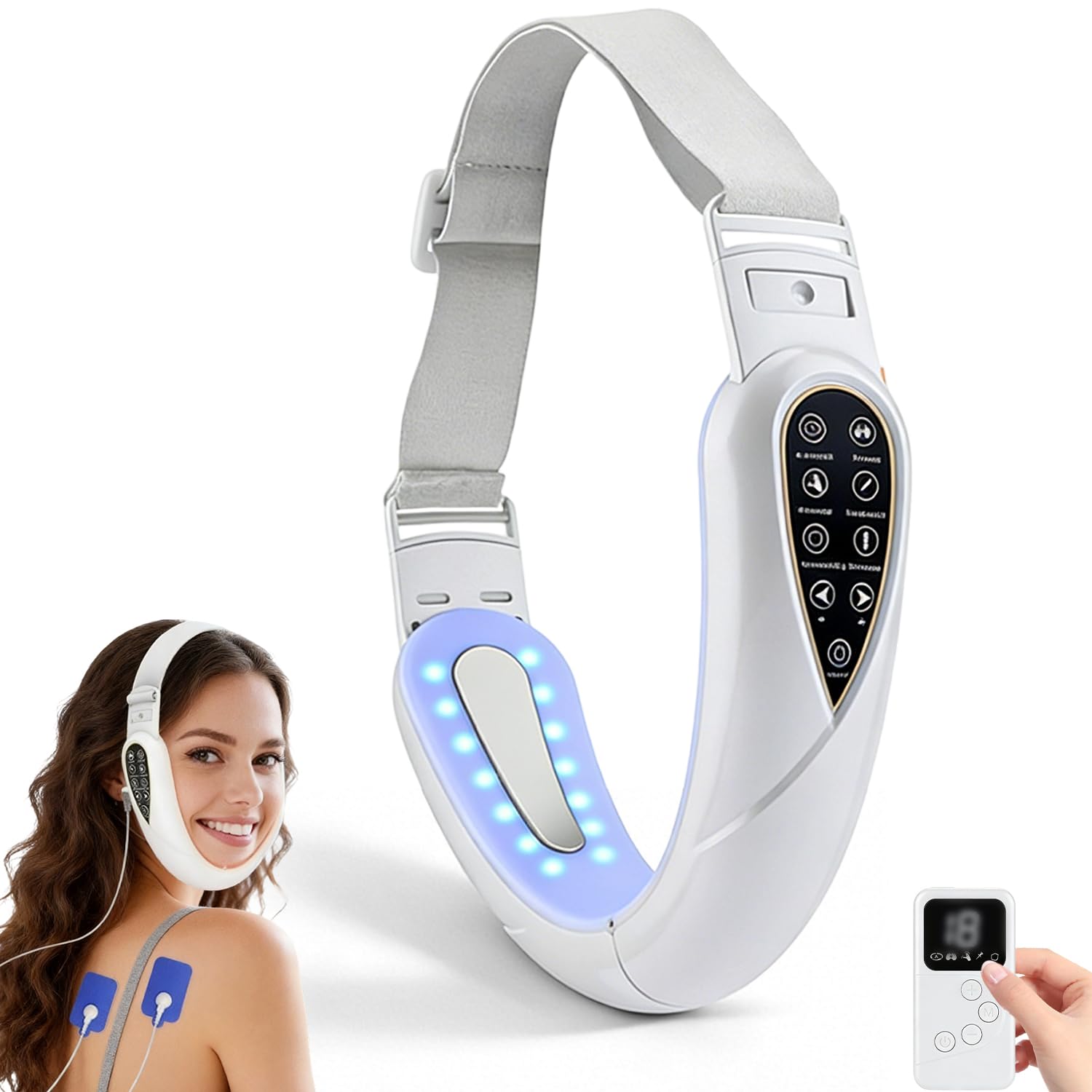 Massaggiatore elettrico V-Face Shaping, lifting & anti-rughe, doppio mento con 15 livelli di intensità, 5 EMS Mod, massaggiatore viso contro le rughe 42°C Terapia termica per contorni più stretti