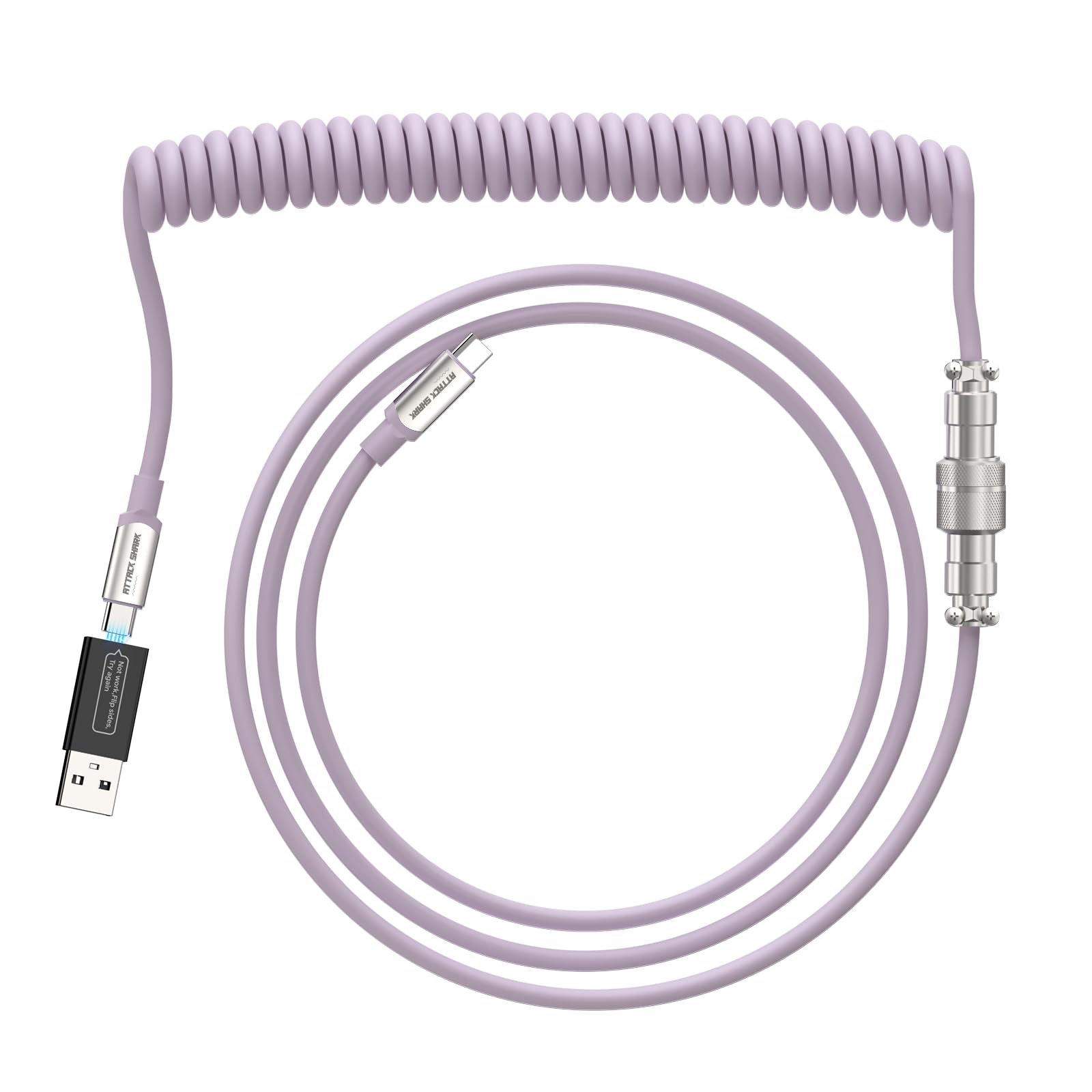 XINMENG X ATTACK SHARK C04C Coiled Gaming Keyboard Cable, TPU Extendable Custom USB C Aviator Cable, Type-C to Type-C, with USB to USB C Adapter, for Mechanical Keyboard Laptop MAC- Purple