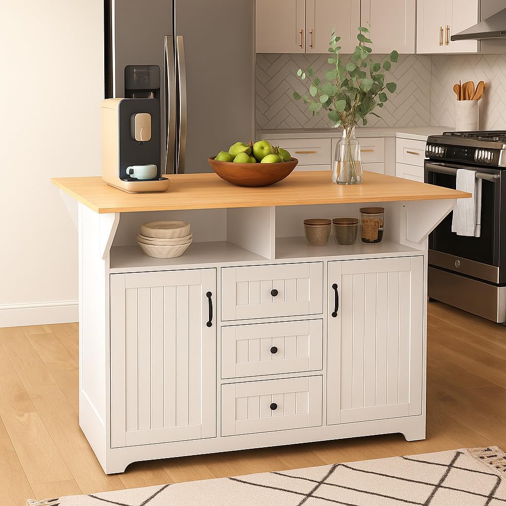 K&K 55.7'' Large Kitchen Island with 2 Drop Leaf,, Rolling Kitchen Cart on 5 Wheels with Power Outlet, Folding Storage Dining Table with Spice & Towel Rack , 3 Drawers, for Kitchen, Dining Room,White