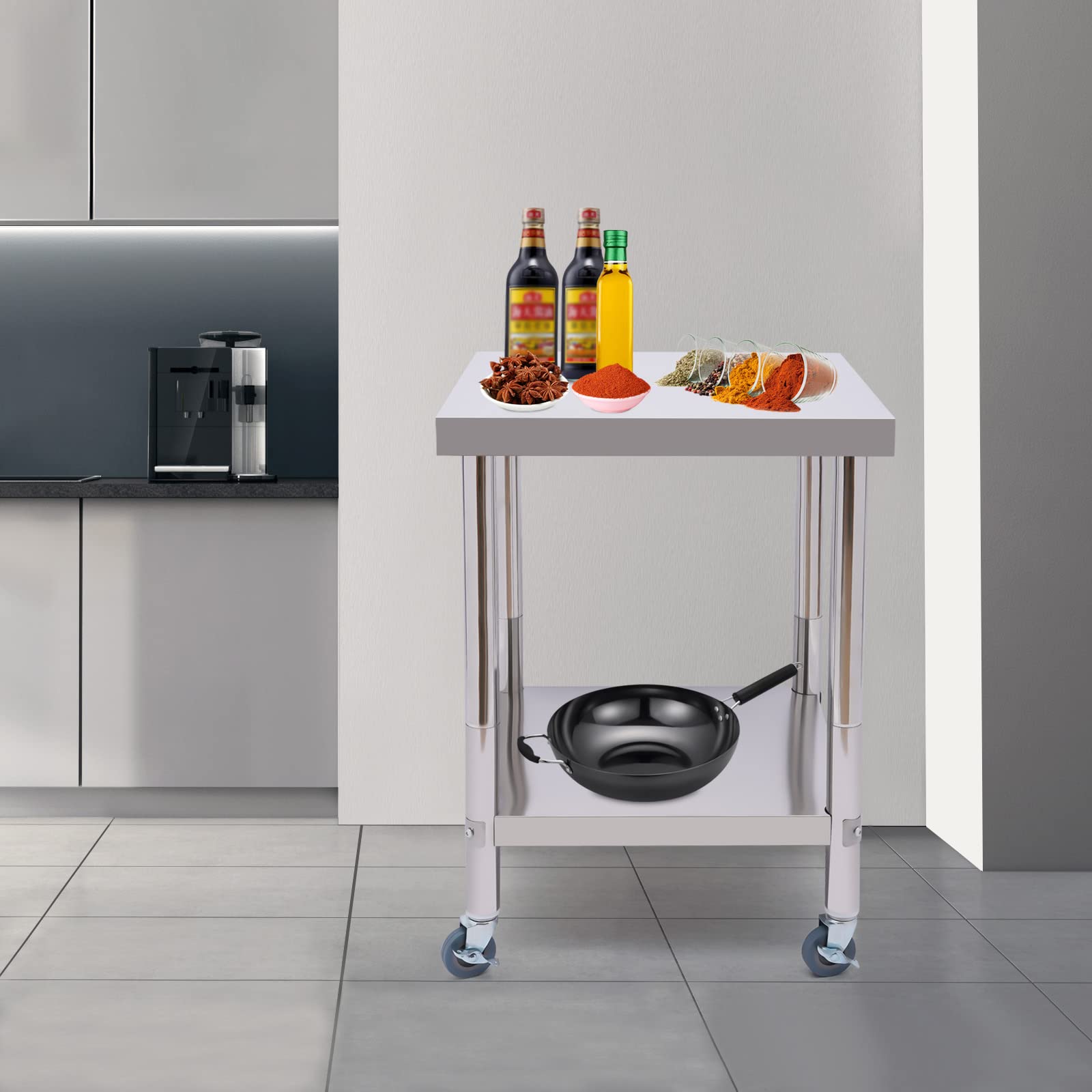 Tavolo da lavoro in acciaio inox con ruote 60 x 60 x 85 cm, tavolo da lavoro da cucina tavolo fino a 300 kg, piano da cucina professionale per cucina bar