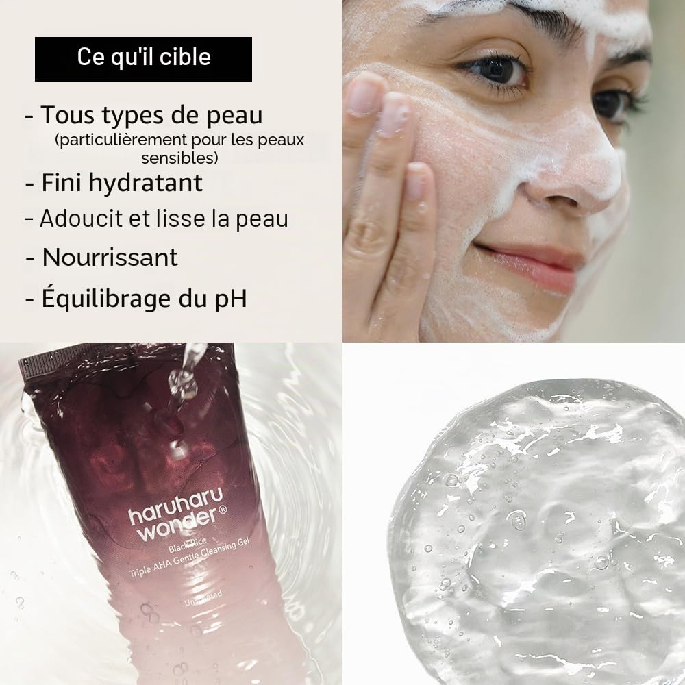 HARUHARU Wonder Black Rice Triple AHA Gel nettoyant doux 100 ml Gel nettoyant hydratant exfoliant doux, végétalien, essentiel de voyage