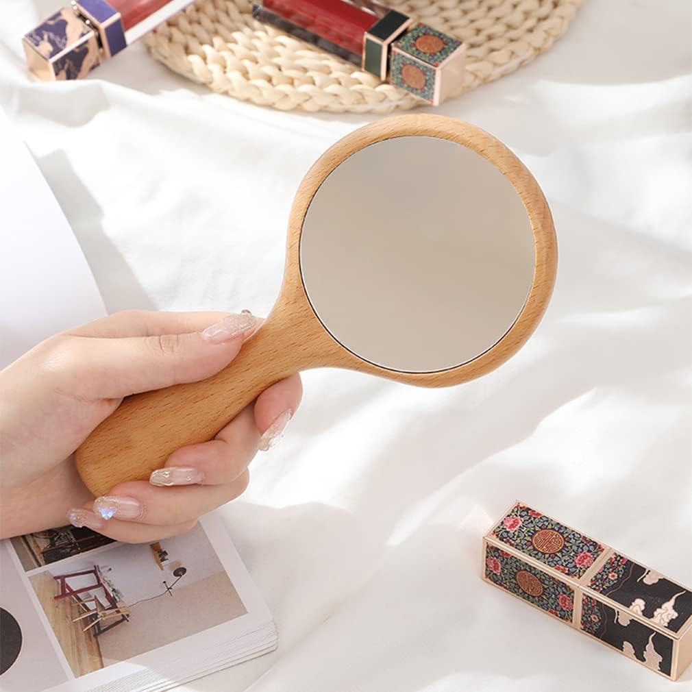 Red Square Small Handle Hand Mirror Wooden Frame, Portable Single Side Handheld Vanity Mirror Cute, Travel Hand Mirror & Personal Makeup Face Mirror for Womens Girls 2