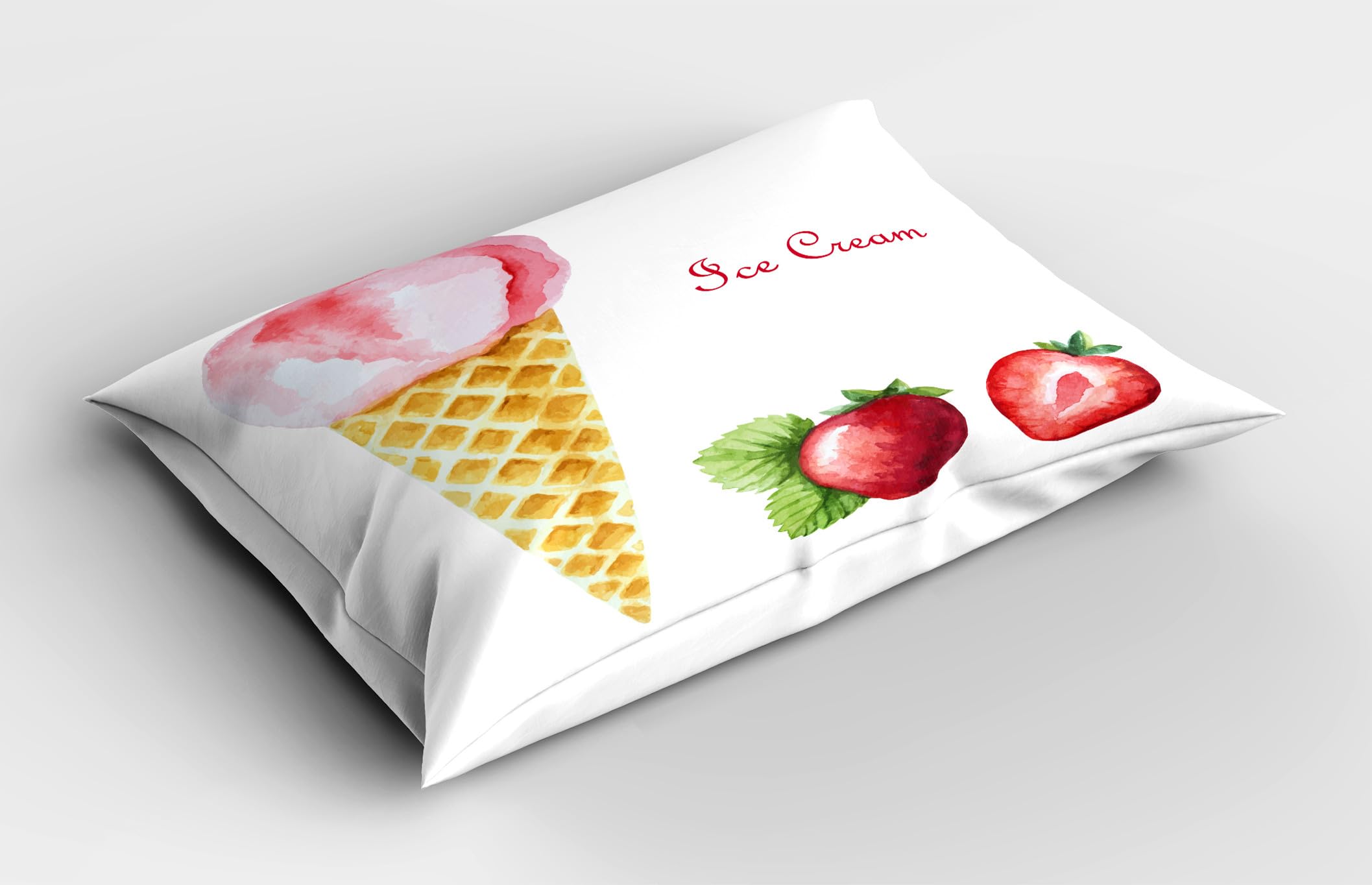Ambesonne Ice Cream Pillow Sham Set of 2, Watercolor Strawberry Flavor Summer Girls Yummy Art Print, Quality Microfiber Bedding Item for All Seasons, 26