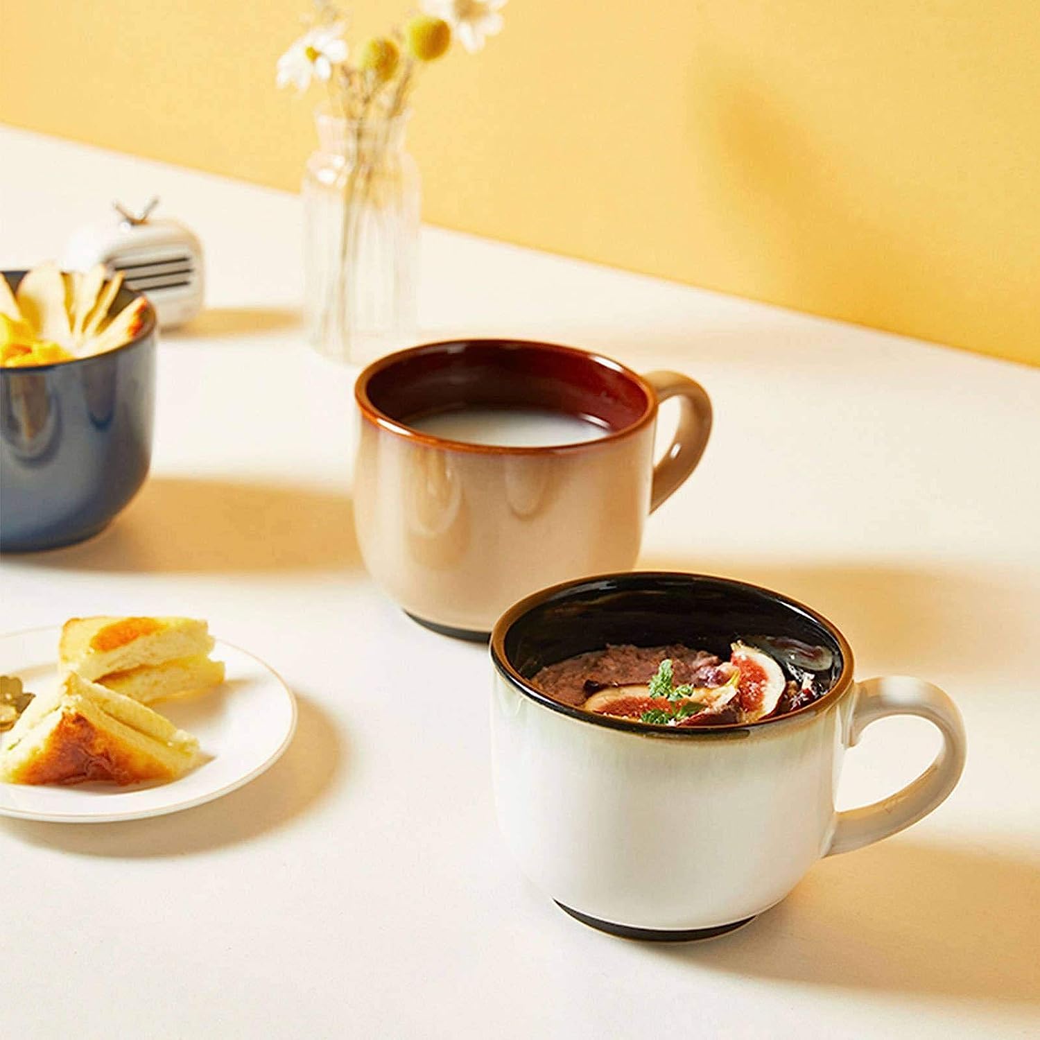 Regalos Taza de cerámica Cuencos de sopa de cerámica con mango Cuchara, Taza de café grande Leche Cereales Capuchino Taza de té Lavavajillas Microondas Apto Sopa Taza-azul-600ml/20.3oz (Color : White