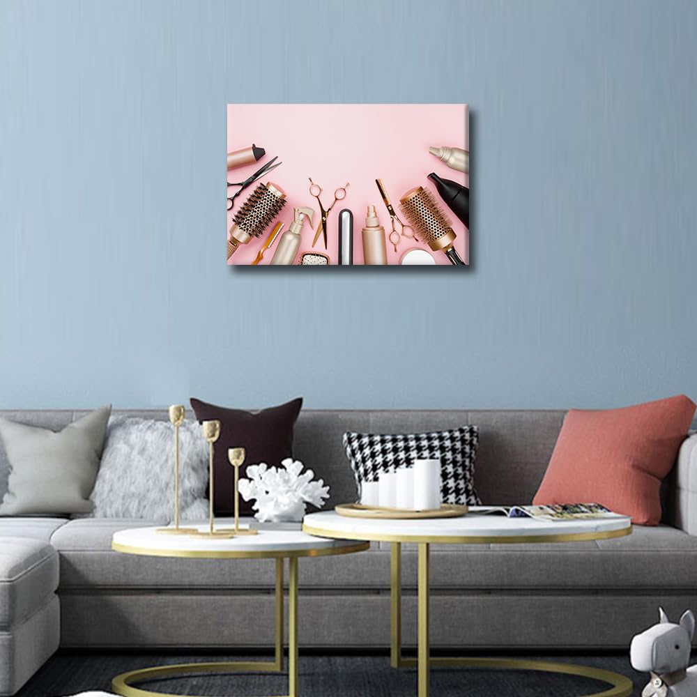 1 Piece Hair Salon Canvas Art Wall Decor Golden Haircut Tools on Pink Background Bedroom Wall Art Pictures for Living Room Powder Room Modern Wall Art Stretched and Framed Ready to Hang 18x12in - Image 4