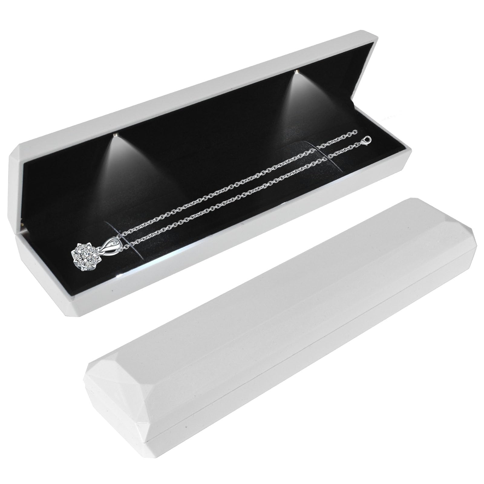 Long Necklace Box With LED Light, Necklace Bracelets Pendant Watch Chain Jewelry Gift Box, Velvet Jewelry Display Case with 2 LED Internal Light, for Proposal Engagement Wedding, 23*5.5*3.5cm, White-a