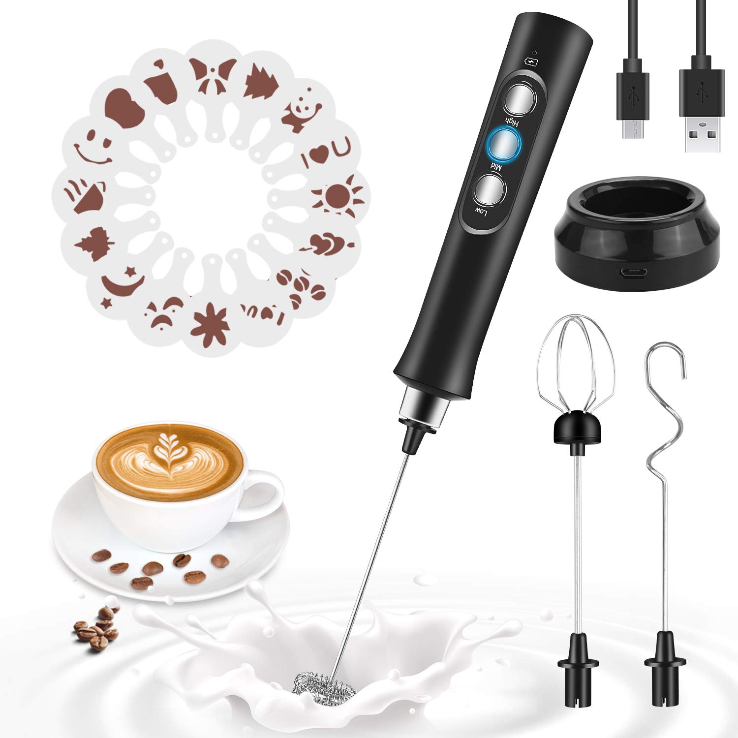 M V VOIMAKAS Electric Milk Frother, Handheld Rechargeable 3 Speed Adjustable Mini Coffee Frother Whisk for Latte, Cappuccino, Coffee, Hot Chocolate, 3 Packs Stainless Whisk for Foam Making Cream, Frappe, Matcha