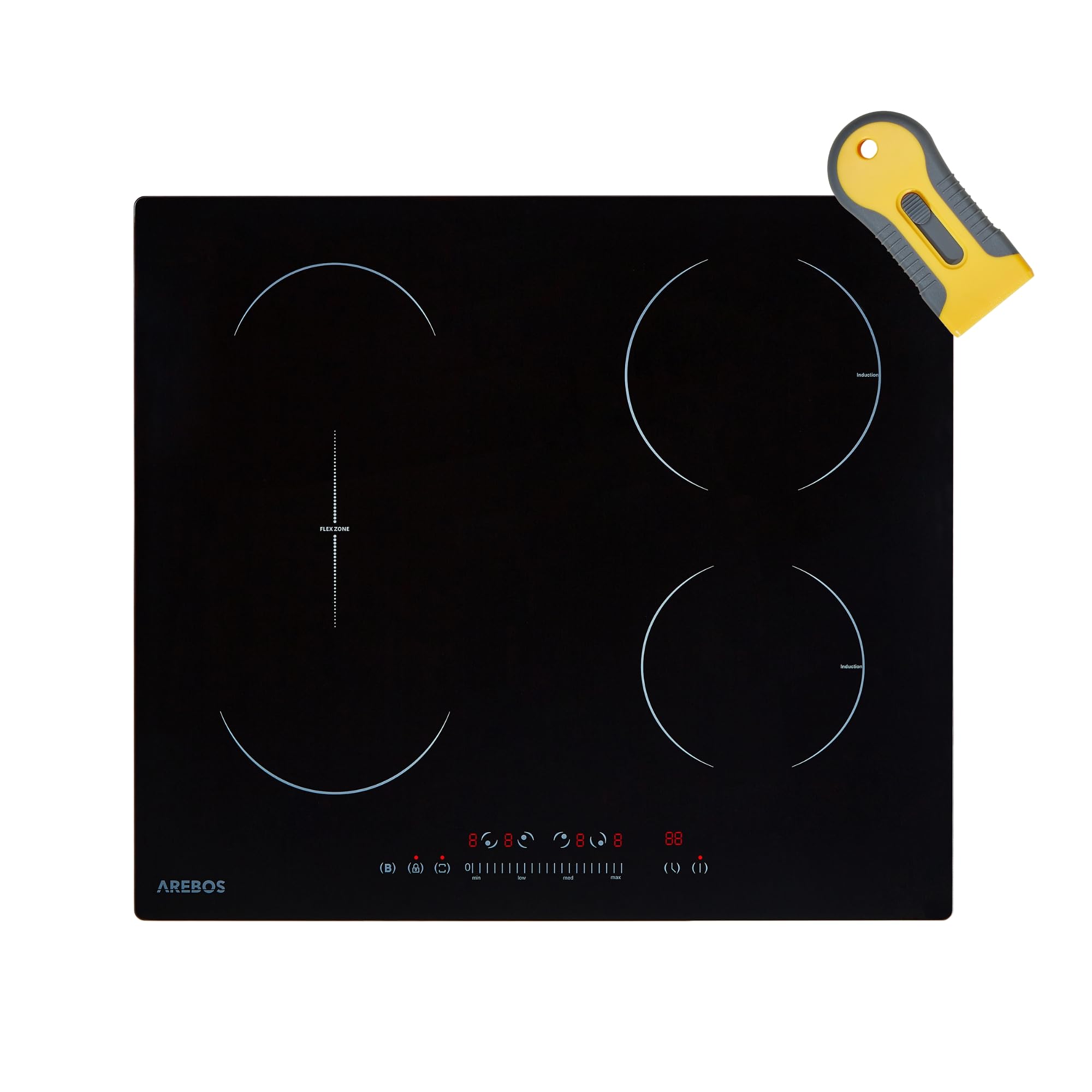 Arebos Induktionskochfeld mit Booster-Funktion | 7200 W | 4 Kochfelder Flexzone | 59 cm | Autark Schnellaufheizung | mit Sensor Touch, Timer, Kindersicherung, Überhitzungsschutz, Autoabschaltung