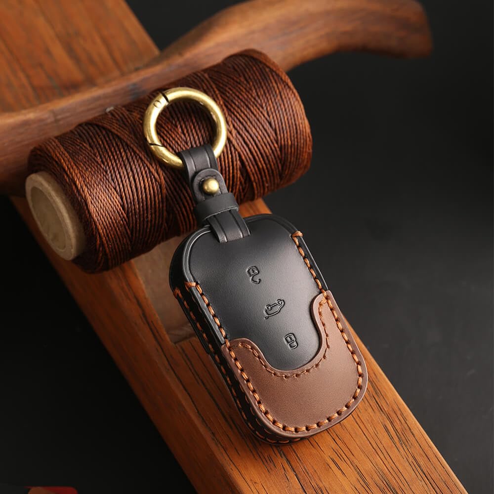 Keyzone Dual Leather Key Cover for Thar, Scorpio, Bolero, XUV700, XUV400, XUV300, TUV300, Marazzo 3 Button flip Key (Push Button Start Models only) (Black-Brown) 1