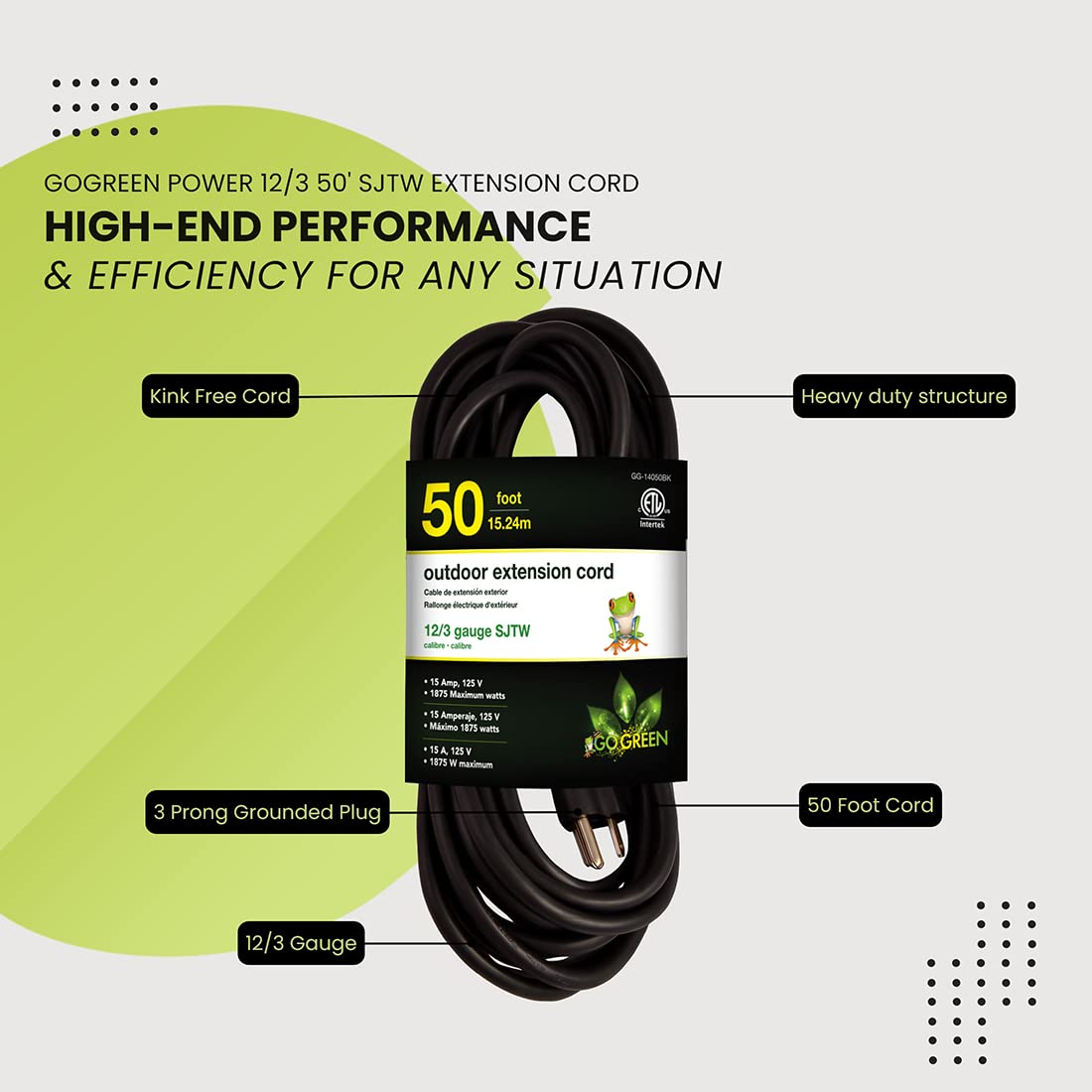 Go Green Power Inc. (GG-14050BK) 12/3 SJTW Cable de extensión para Exteriores, Color Negro, 50 pies