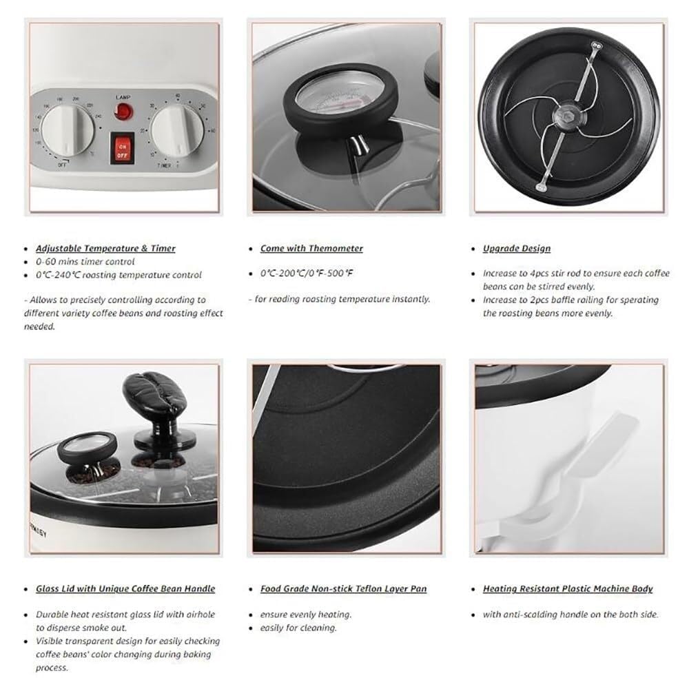Torréfacteur électrique à Grains de café, poêle antiadhésive multifonctionnelle de 1200 W, torréfacteur de 750 g pour Un Usage Domestique, thermomètre + minuterie + réglage de la température,