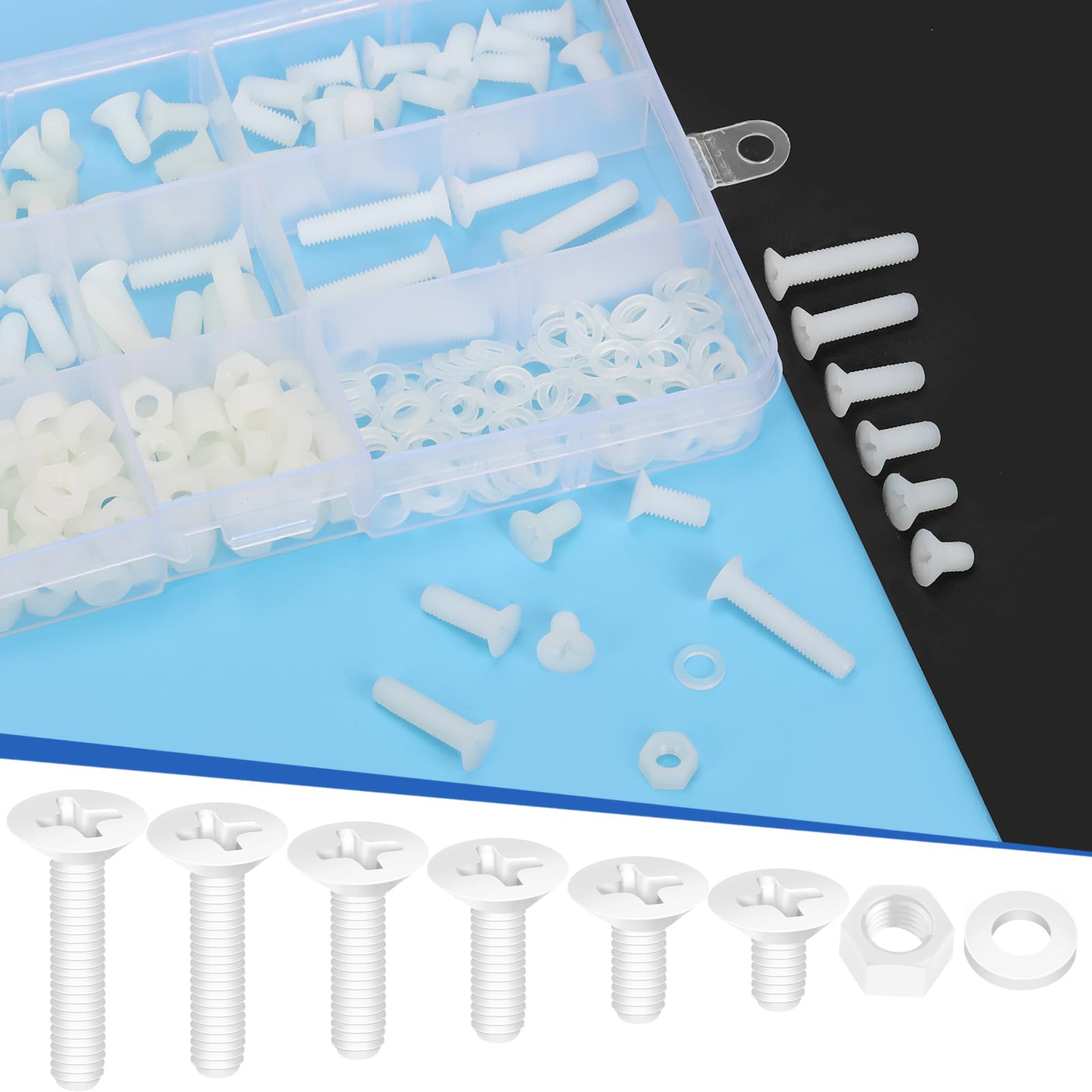 Glarks 360pcs M5 x 8/10/12/15/20/25MM Nylon Phillips Countersunk Head Bolt Machine Screw - Image 4