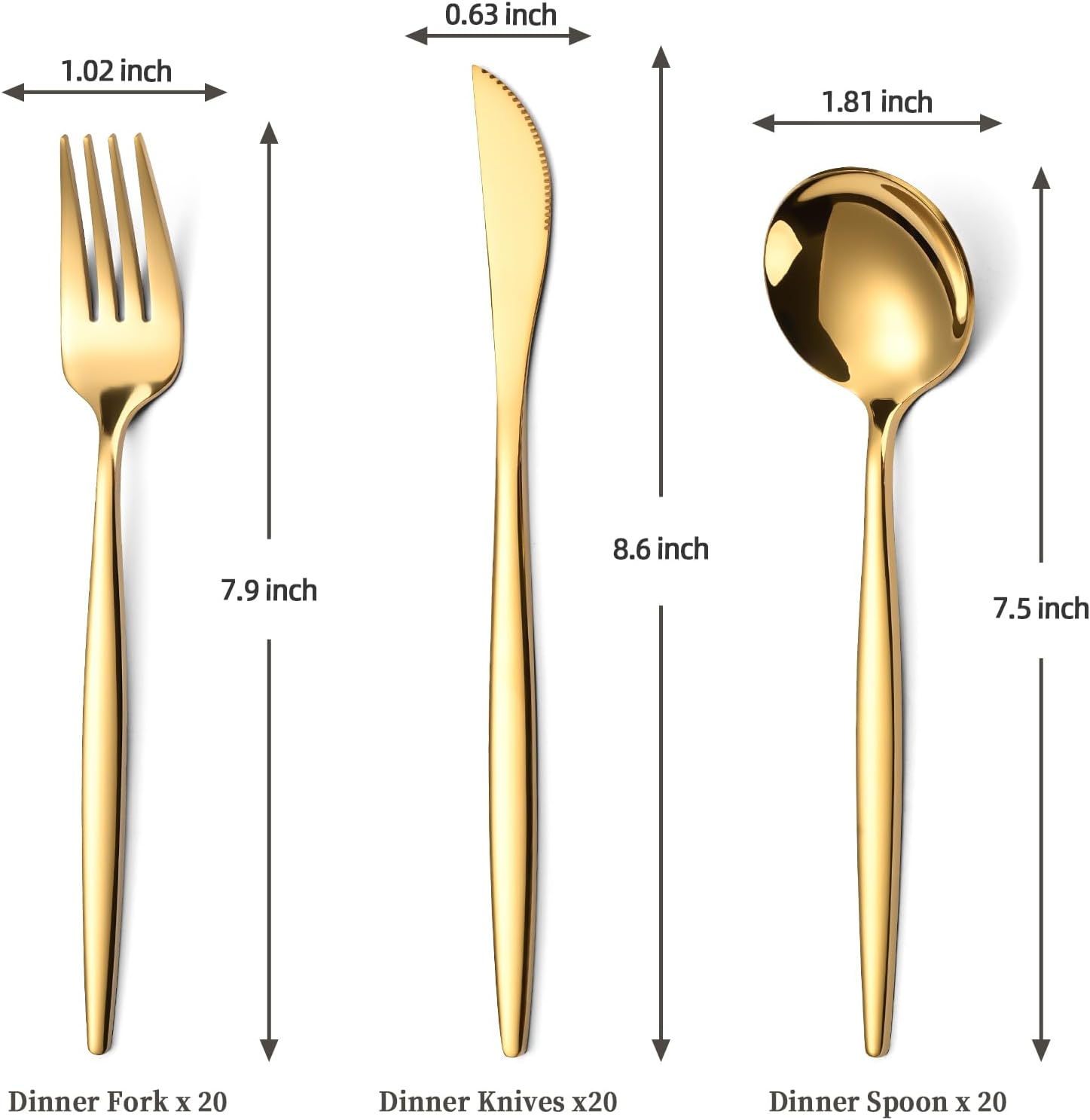 60 Piece Gold Silverware Set for 20, Stainless Steel Flatware Set with Thickened Knives Forks and Spoons, Mirror Finish Cutlery Set for Wedding, Parties, Restauroom, Gold