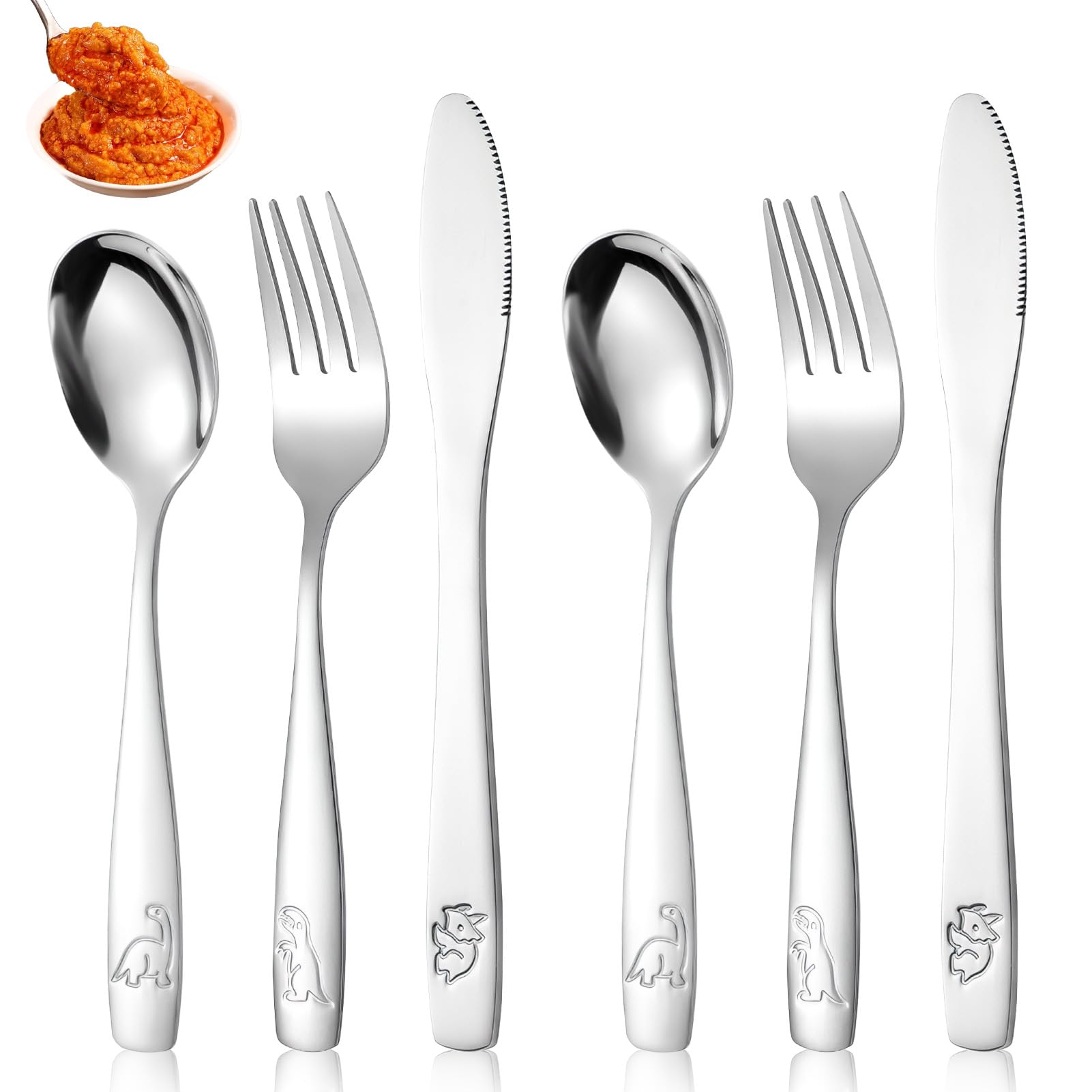 Kasoud Childrens Cutlery Set, Stainless Steel Kids Utensils, Kids Cutlery Knife and Fork Sets, Dishwasher Safe Including 2pcs Fork+2pcs Safe Dinner Knives+2pcsTable Spoons, Dinosaurs Ngraved Design