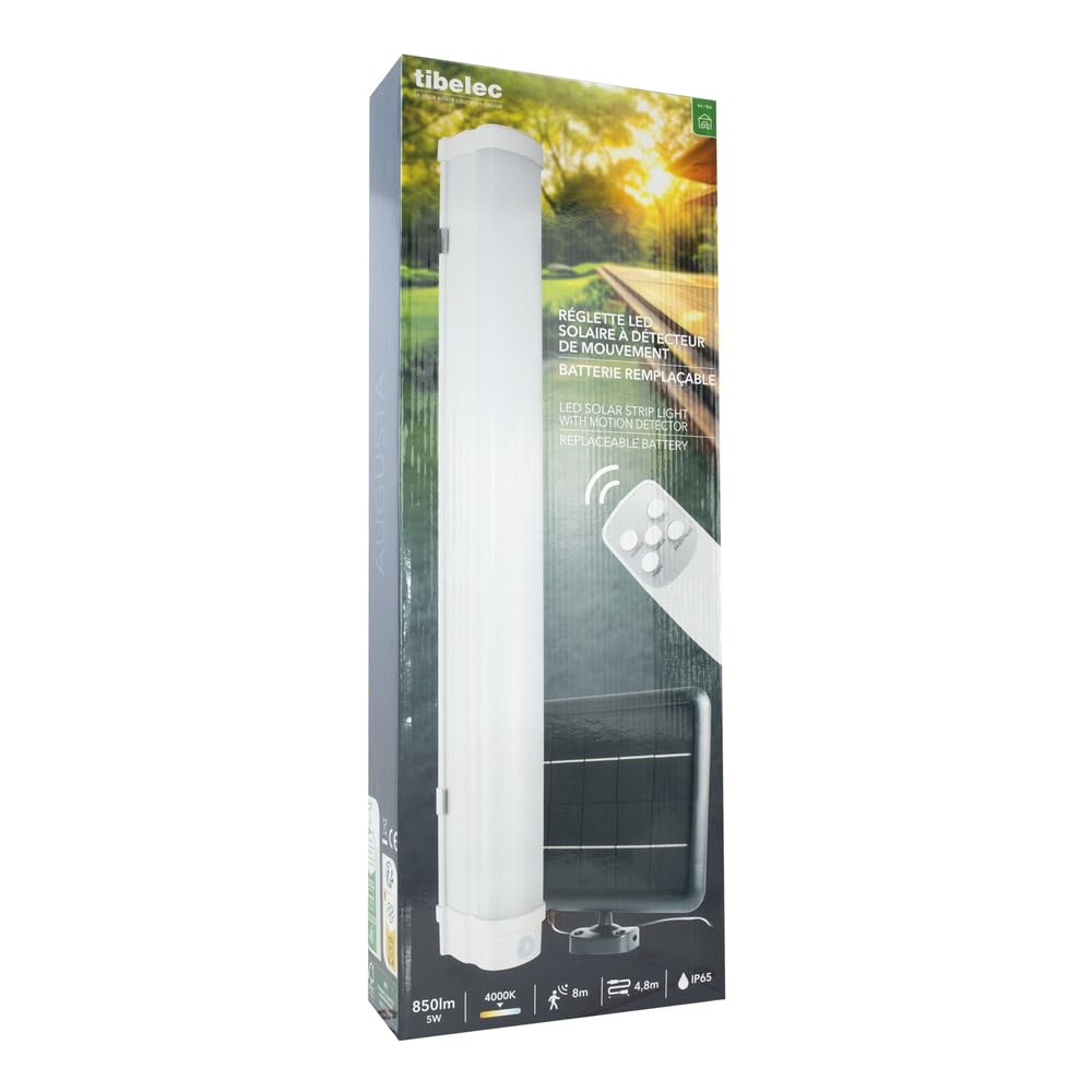 TIBELEC Réglette solaire LED avec détecteur infrarouge 5W / 850LM - IP65 - Batterie haute capacité remplaçable