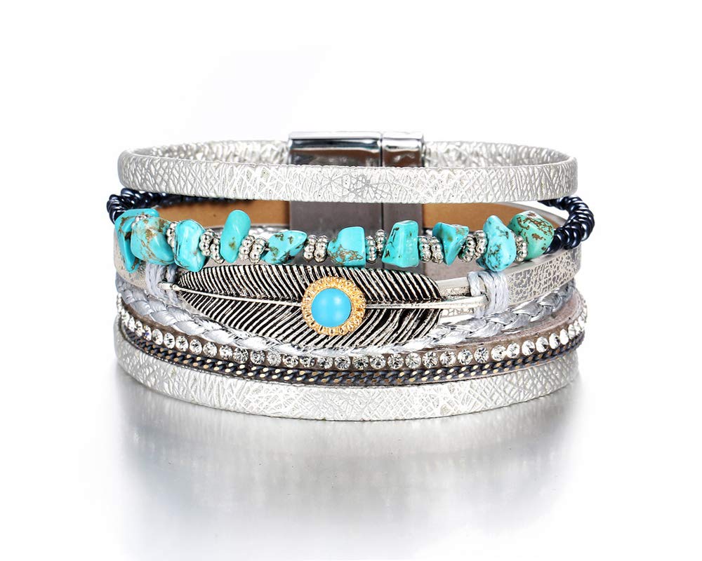 Fesciory Leather Wrap Bracelet for Women, Boho Western Layered Cuff Jewelry | Stackable Bracelets, Easy-On Clasp, Daily Wear, Pairs with Boho Western Outfits, Gift for Women