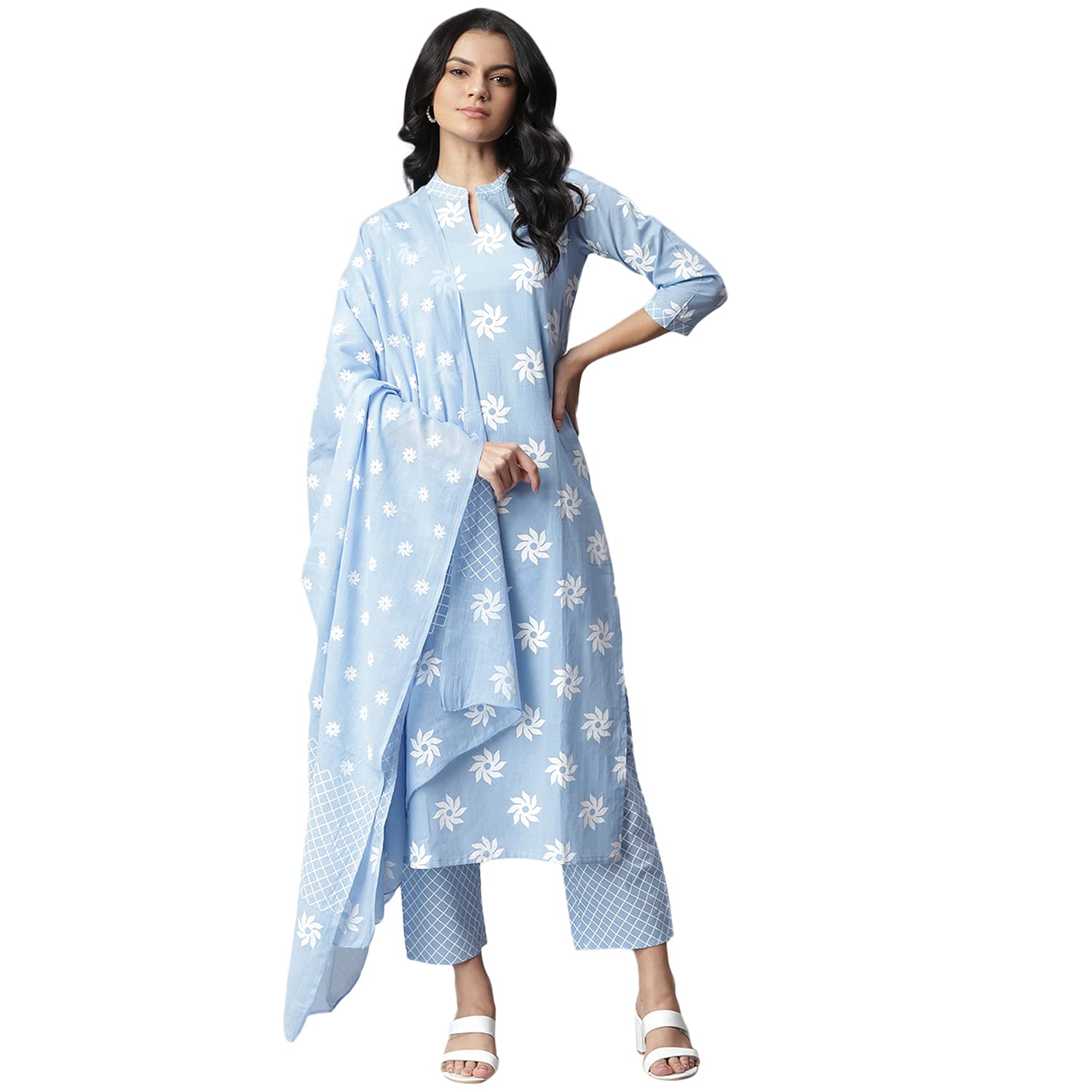 Stylum Women's Plus Size Cotton Printed Straight Kurta Pant Dupatta Set (Greykhadikpdset-46_Light Blue, 3Xl)