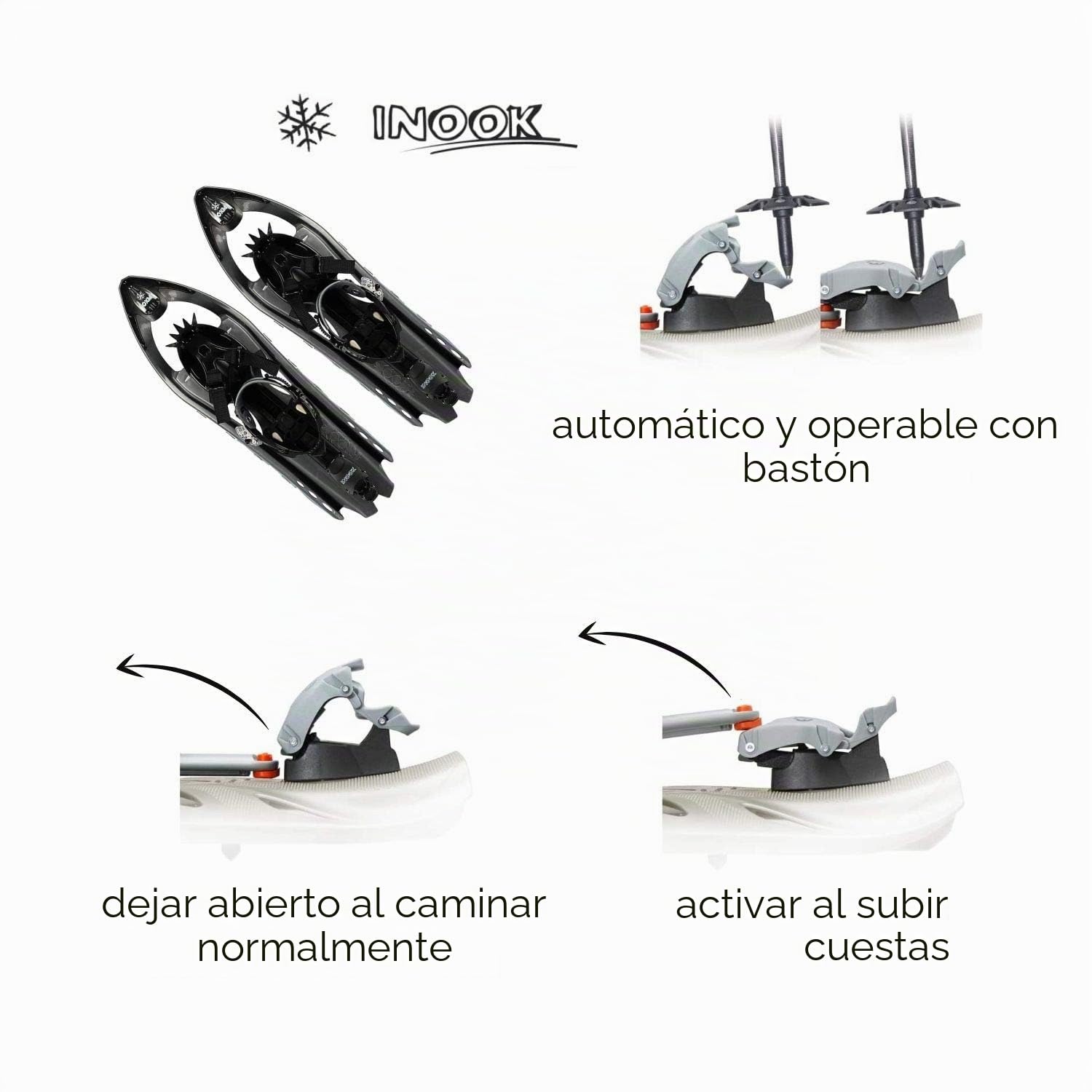 Inook Alpin OXM - Raquetas de nieve para hombre y mujer, ayuda automática para subir, tamaño ajustable, funciones patentadas