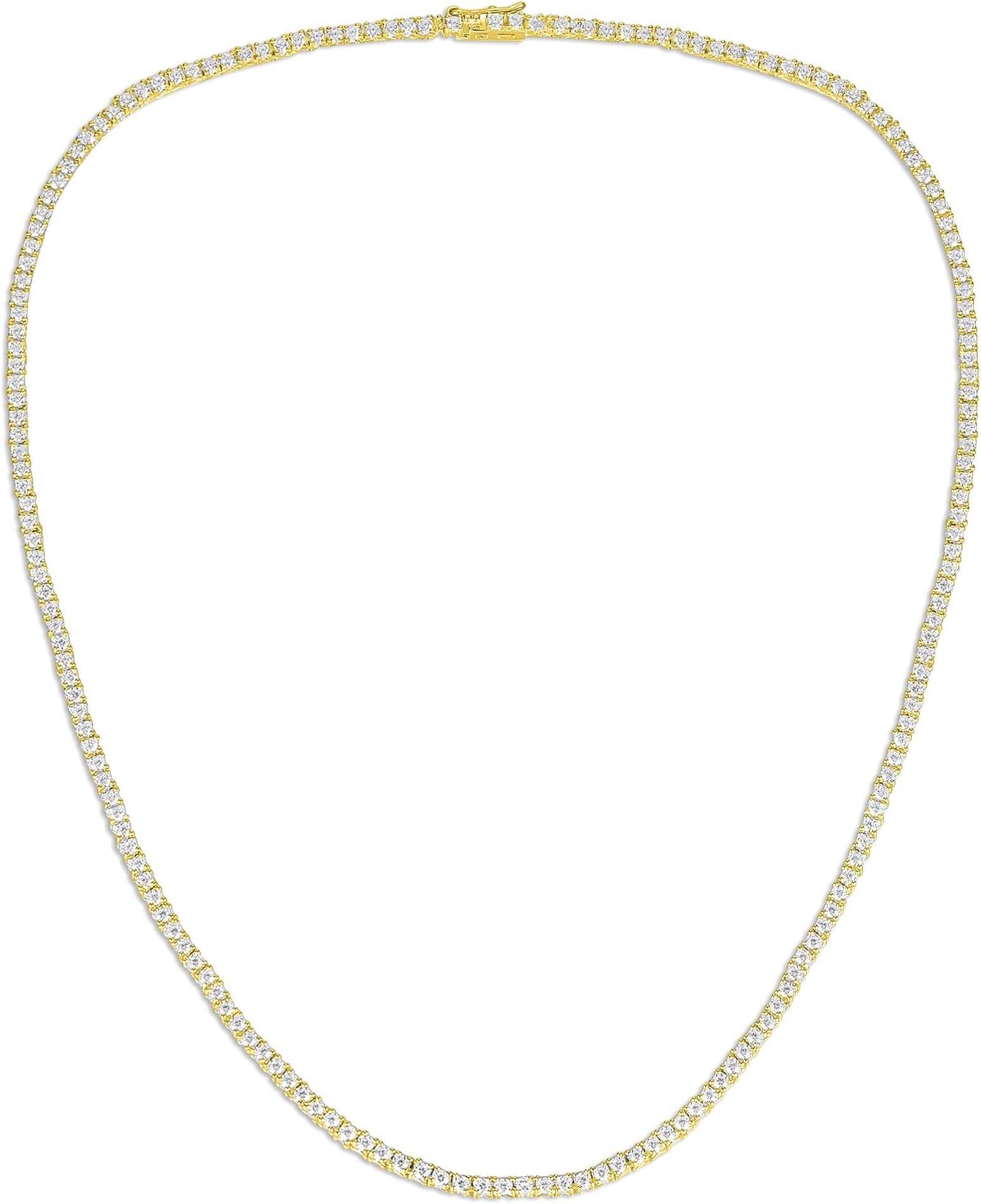 S925 Sterling Silver Tennis Necklace| 4 Prong 14K Gold Plated 2.5mm-5.5mm Cubic Zirconias Round Cut Faux Diamond Tennis Chain for Women and Men 16-20 inches