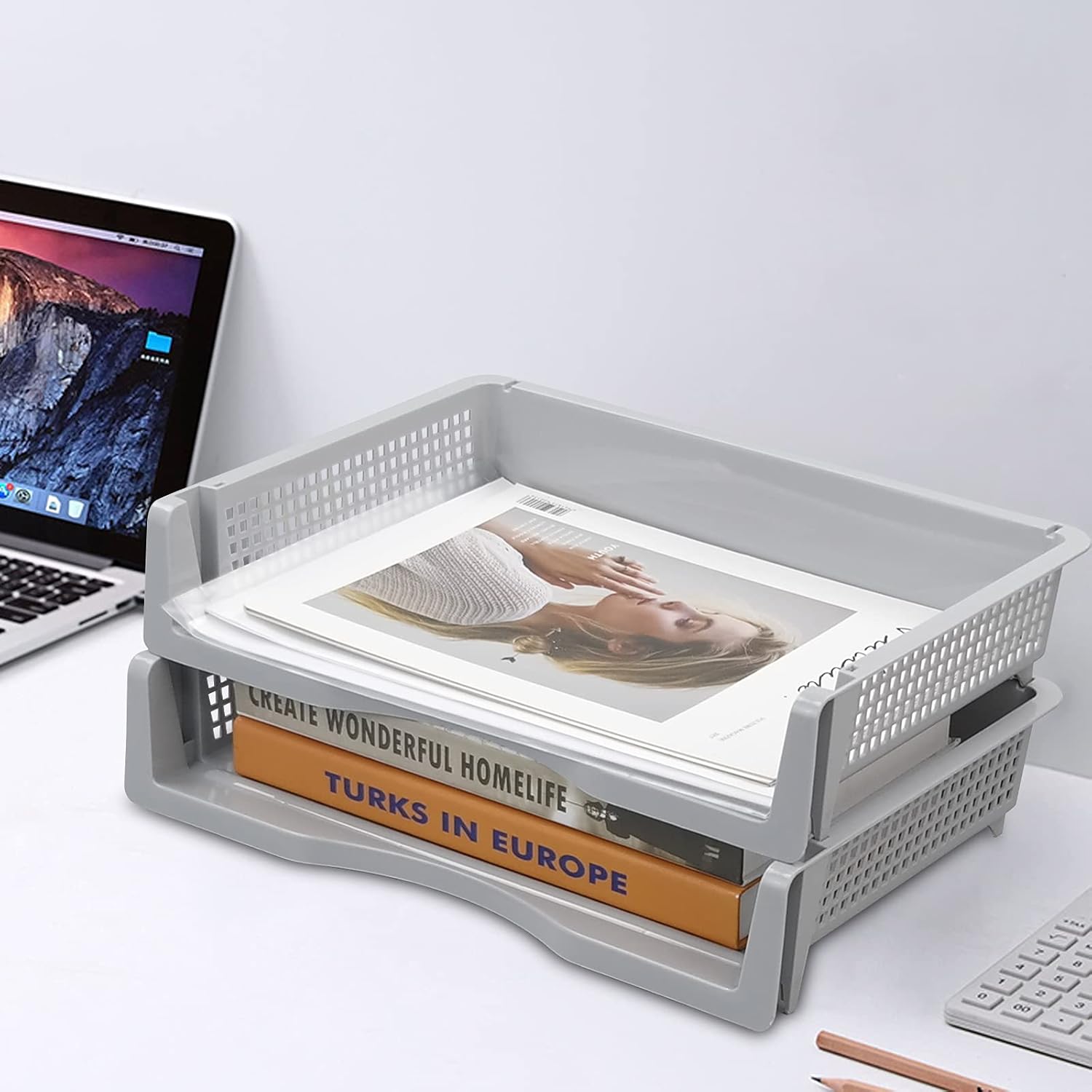 Obstnny 6 Packs Stackable Paper File Storage Tray, Plastic Desk Organizer Basket Tray
