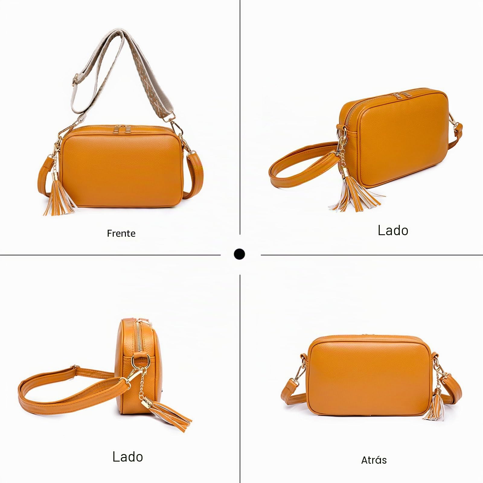 FANDARE Bolso Bandolera Mujer Bolso de Hombro PU Cuero Moda Bolsos Bandolera Elegante Bolso de teléfono Decoración Borla para el Hombro Bolso de Monederos Bolsa de Honda con Dos Correas Blanco