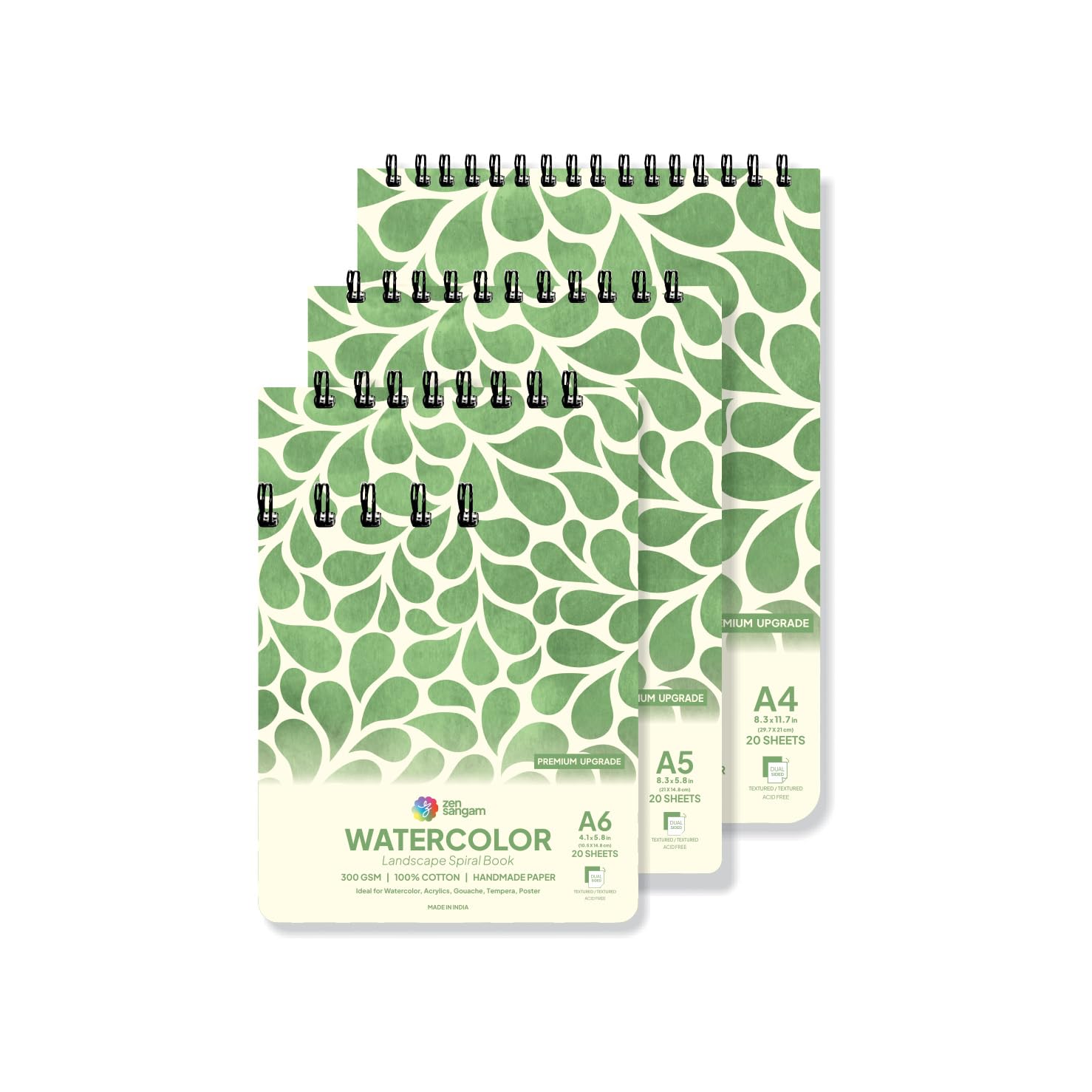 Zen Sangam Spiral Watercolor Book | 300 GSM 100% Cotton | Handmade Papers | Landscape Combo | Size (21x29.7cm, 14.8x21cm, 10.5x14.8cm) 20 Sheets for Beginners and Self Taught Artists